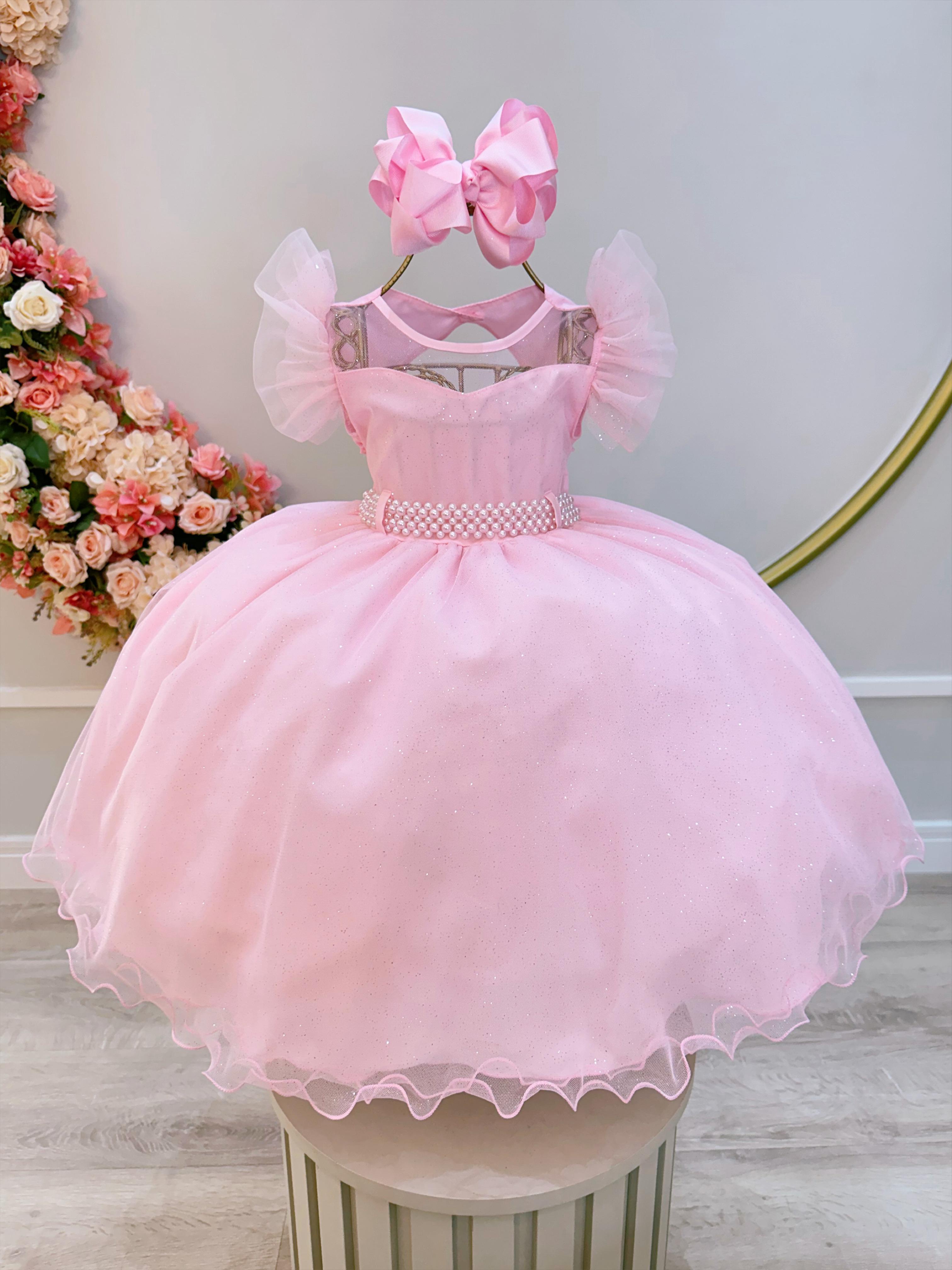 Vestido Infantil Rosa Claro C/ Cinto de Pérolas Daminhas