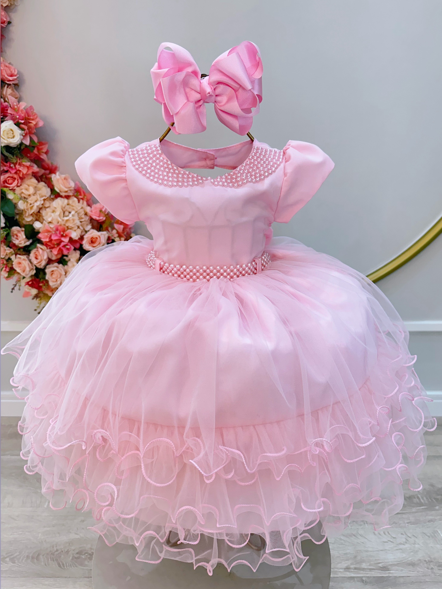 Vestido Infantil Rosa Claro C/ Pérolas e Saia Babados Luxo