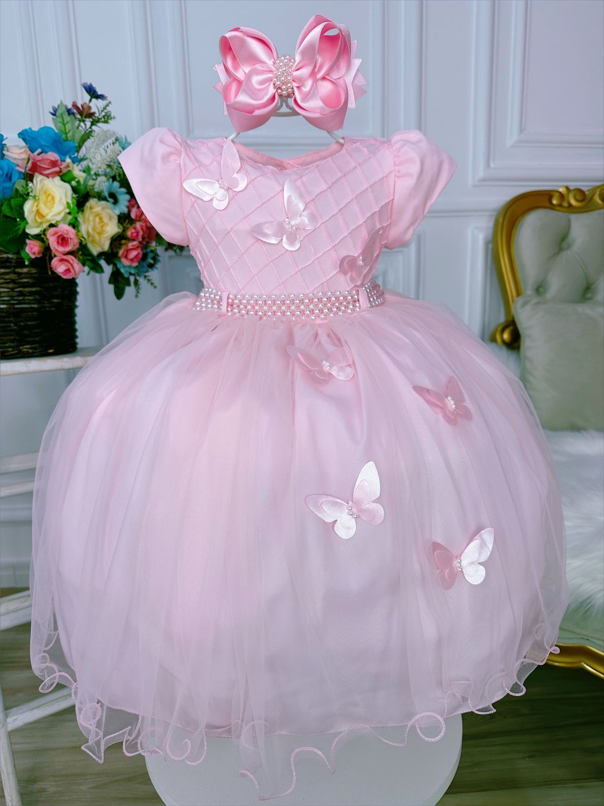 Vestido Infantil Rosa Peito Nervura Aplique de Borboletas