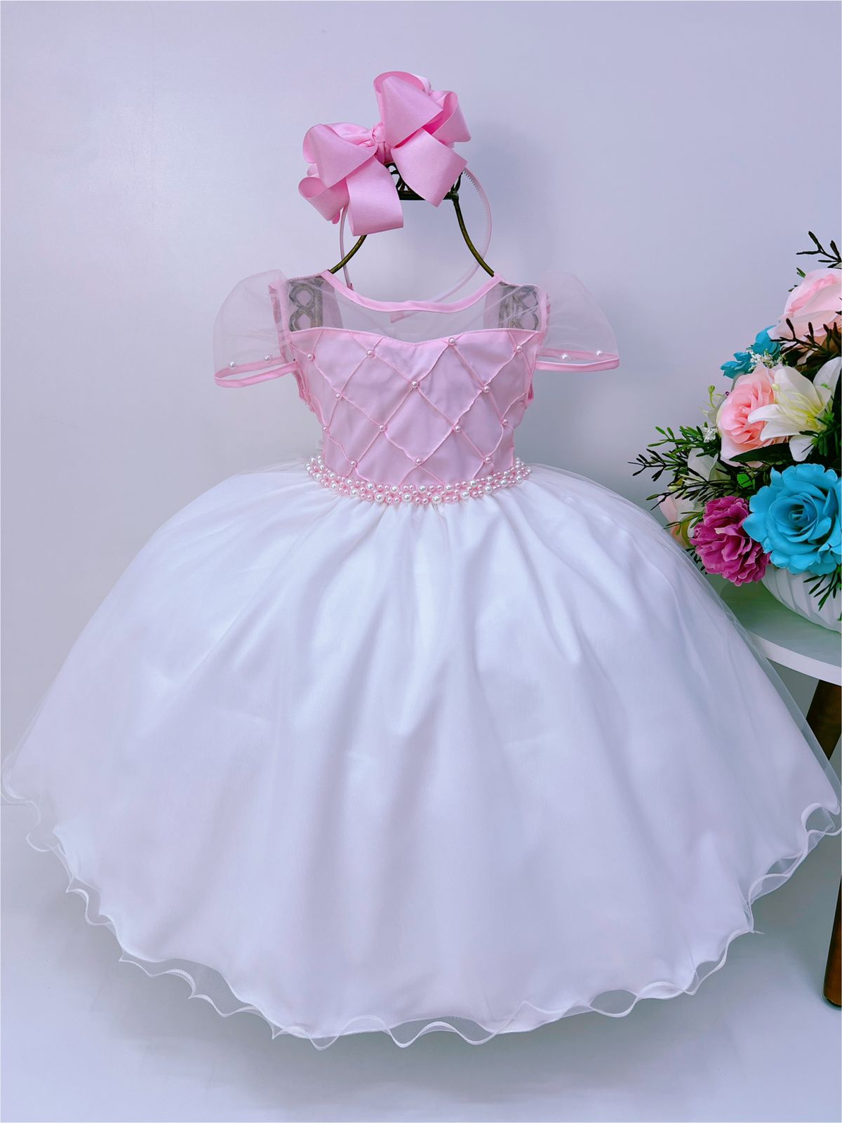 Vestido Infantil Rosa Saia Off Com Nervura Peito e Pérolas