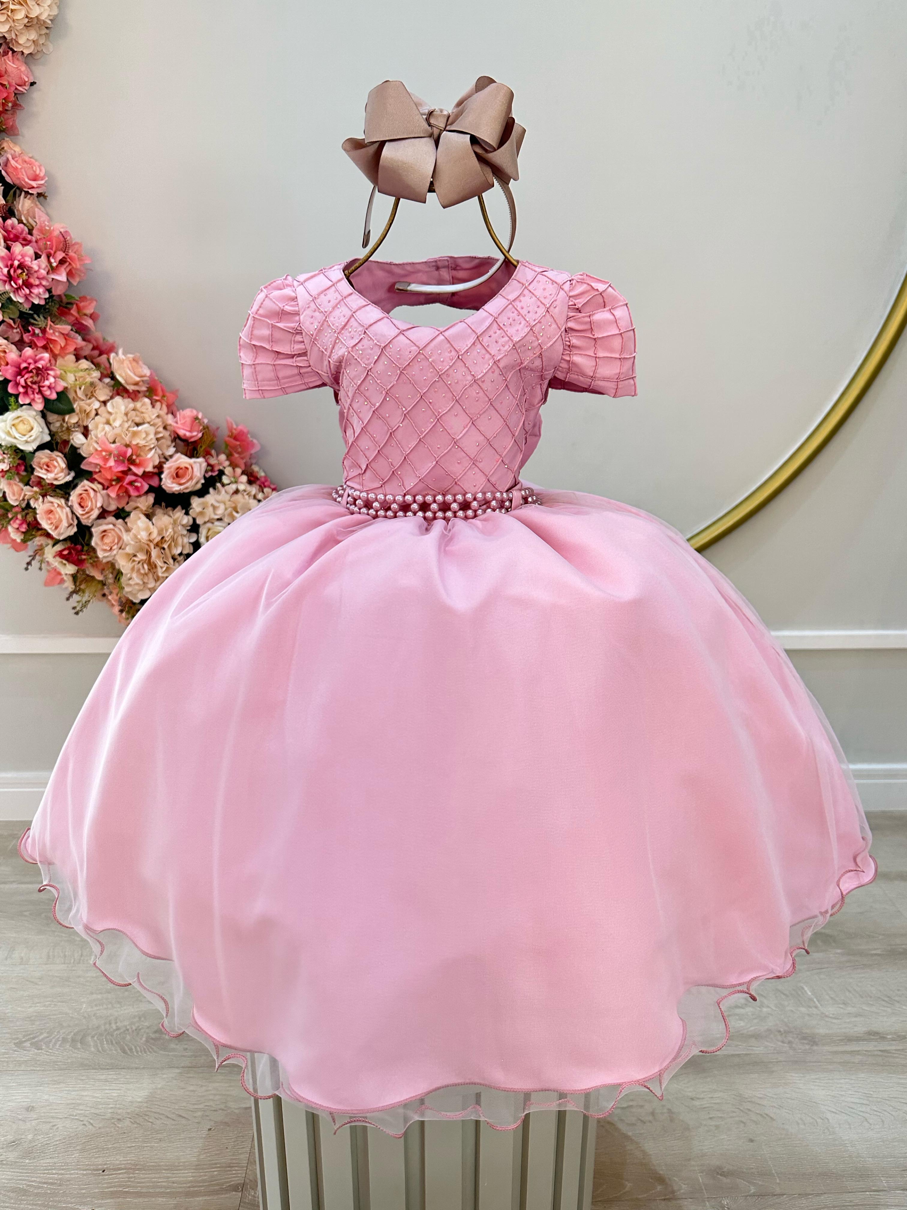 Vestido Infantil Rose Busto Nervura Strass Daminhas