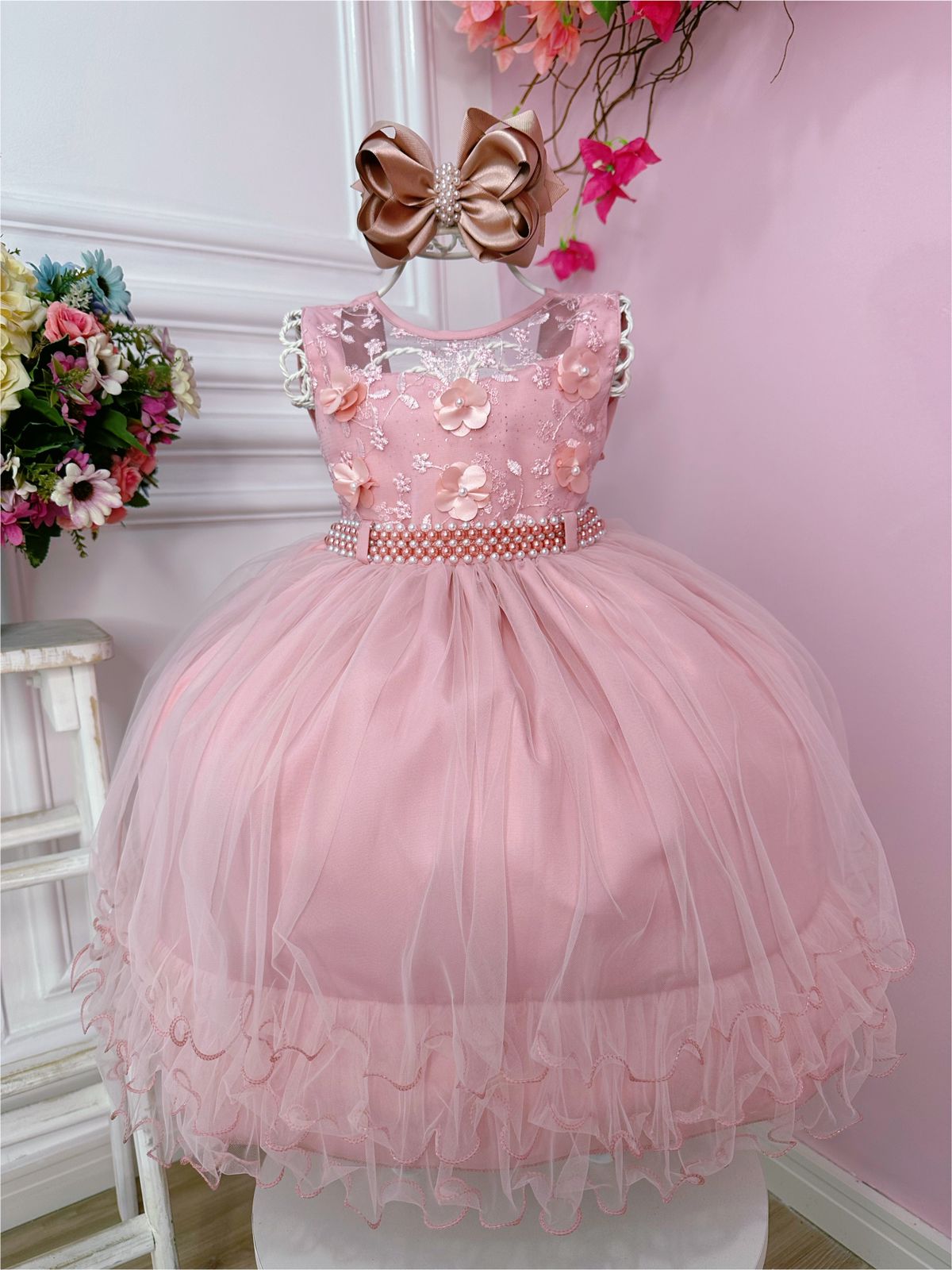 Vestido Infantil Rose C/ Aplique de Flores e Renda Luxo