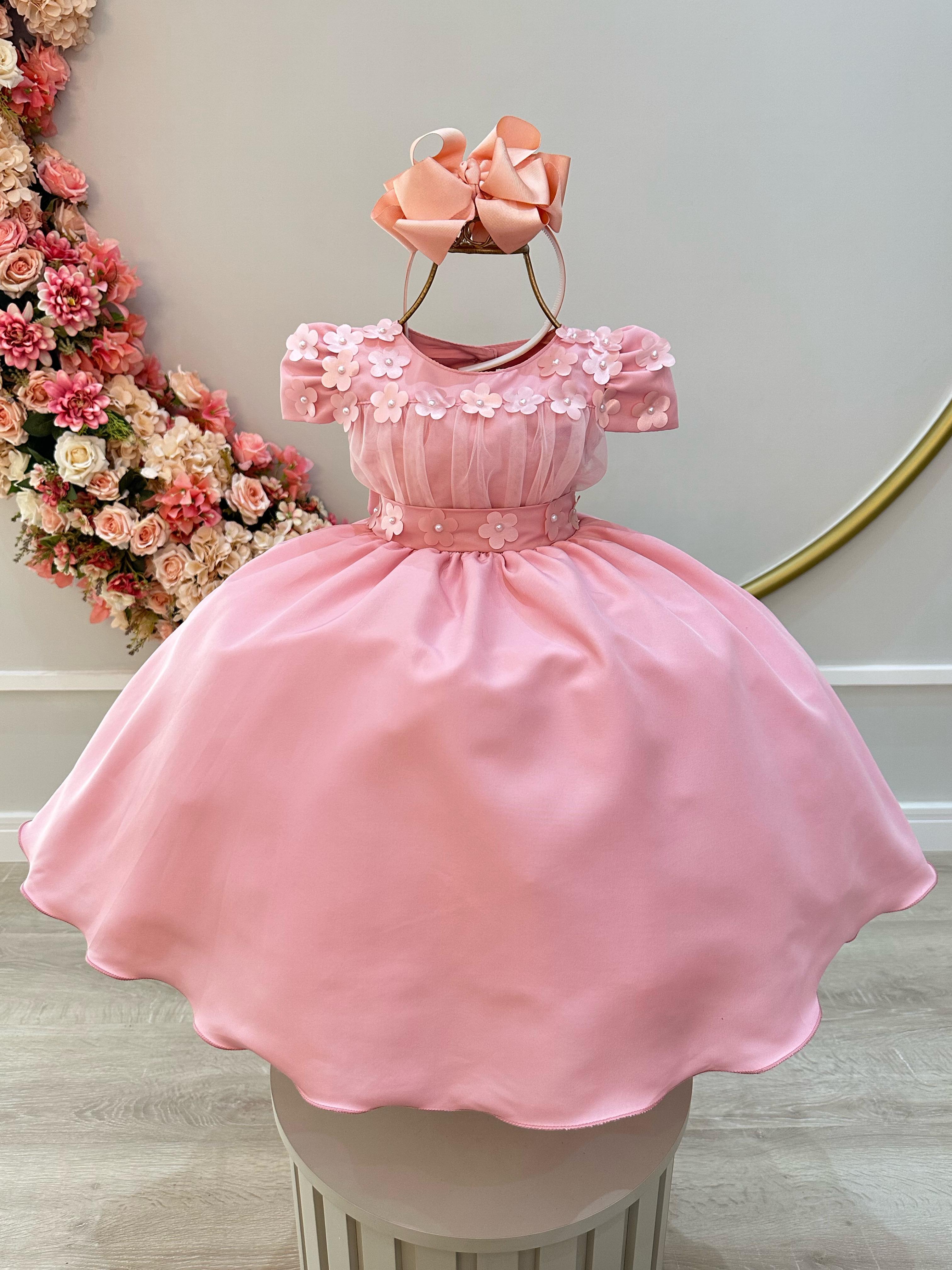 Vestido Infantil Rose C/ Busto Tule e Aplique de Flores