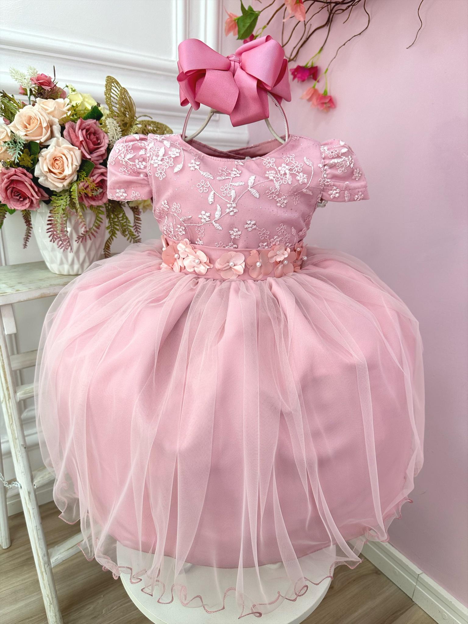 Vestido Infantil Rose Com Renda e Aplique de Flores Festas