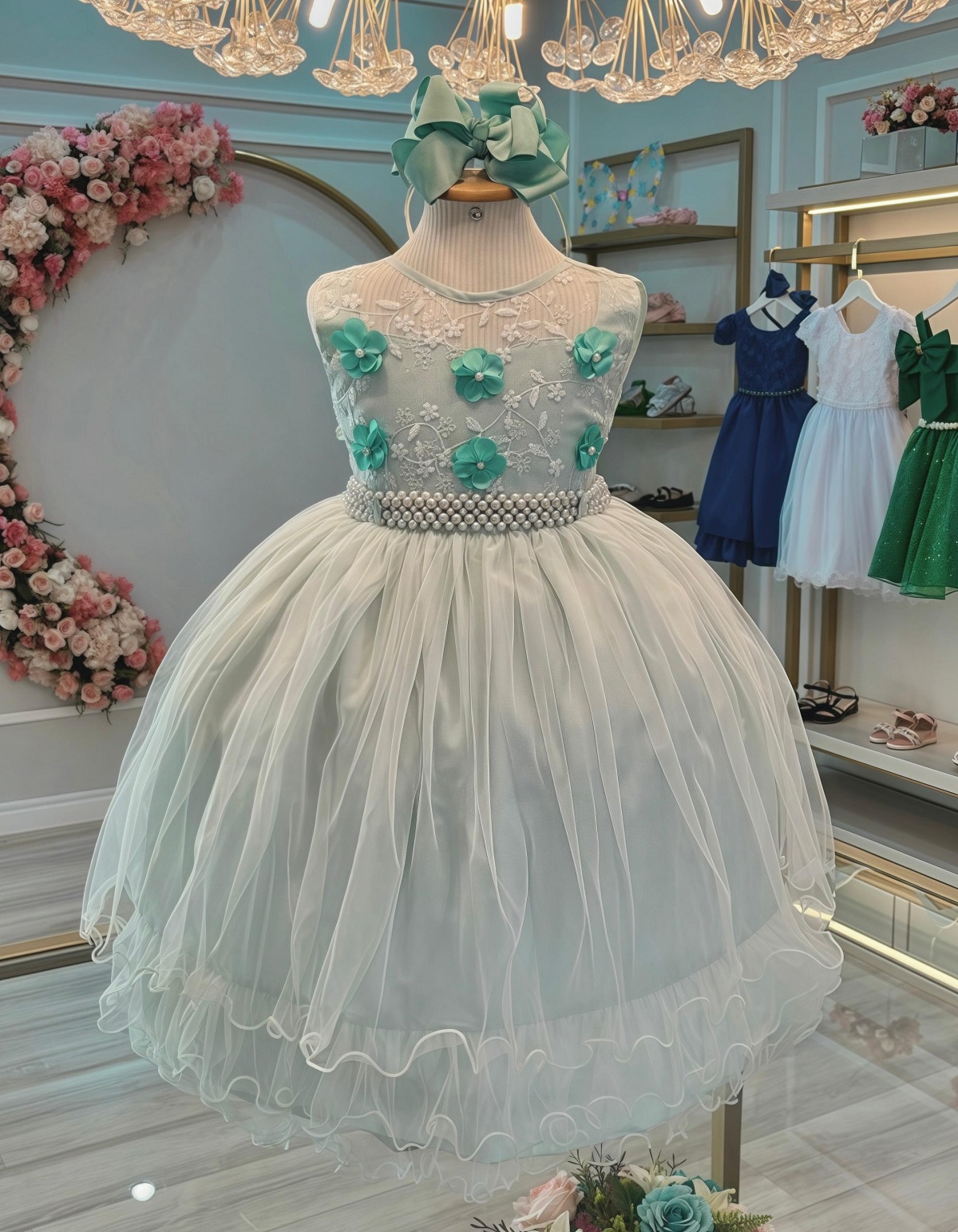 Vestido Infantil Verde C/ Aplique de Flores e Renda Luxo