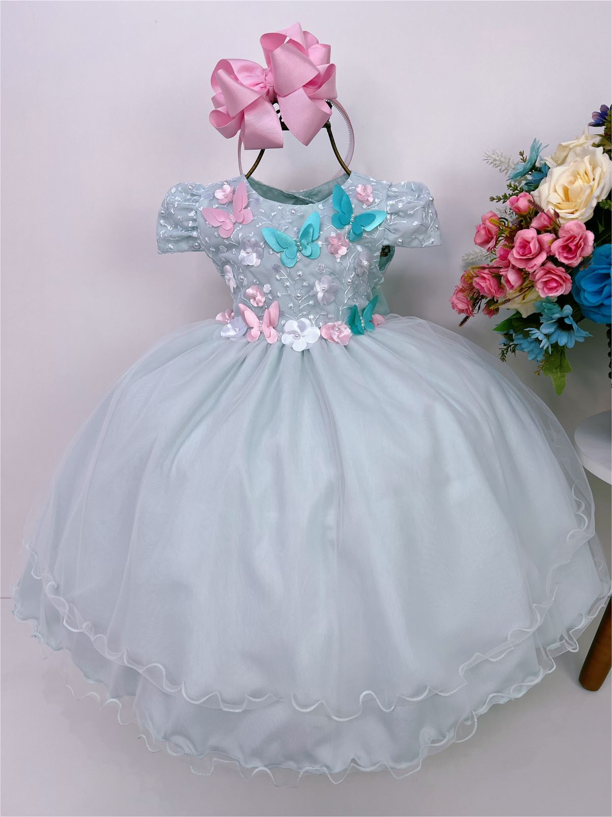 Vestido Infantil Verde C/ Renda de Aplique Borboletas Flores