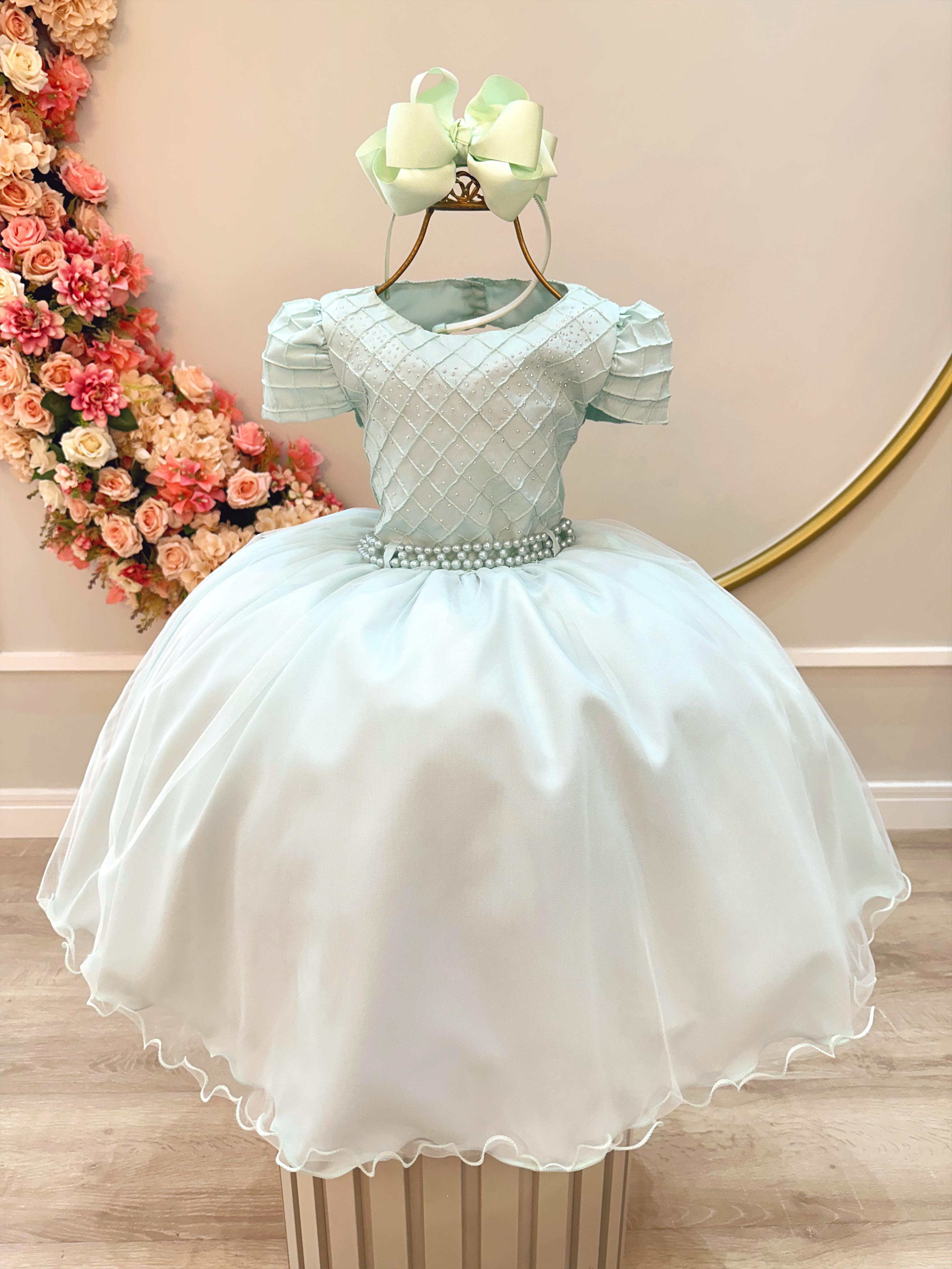 Vestido Infantil Verde Claro Busto Nervura Strass Daminhas