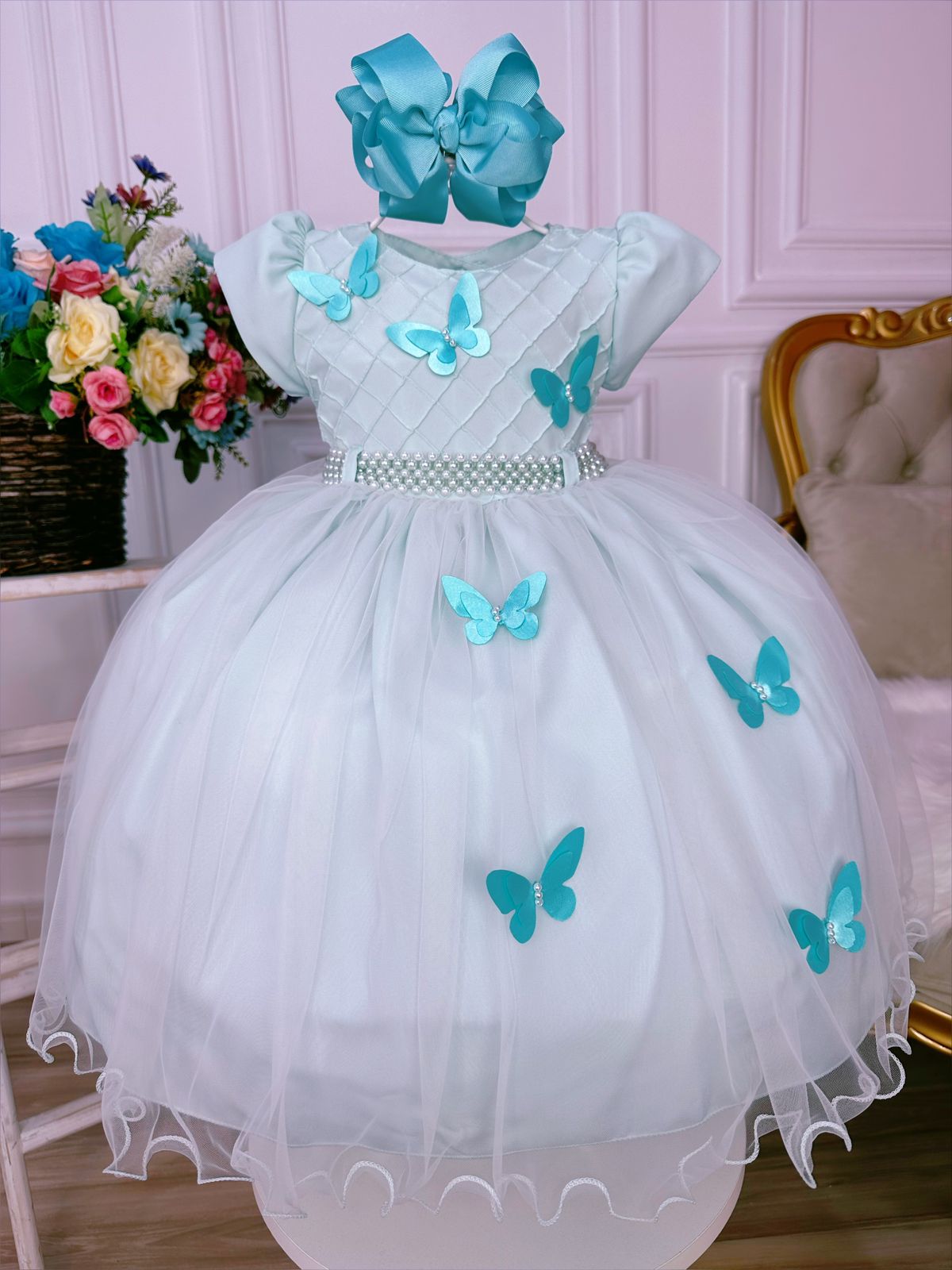 Vestido Infantil Verde Claro Peito Nervura Aplique Borboleta