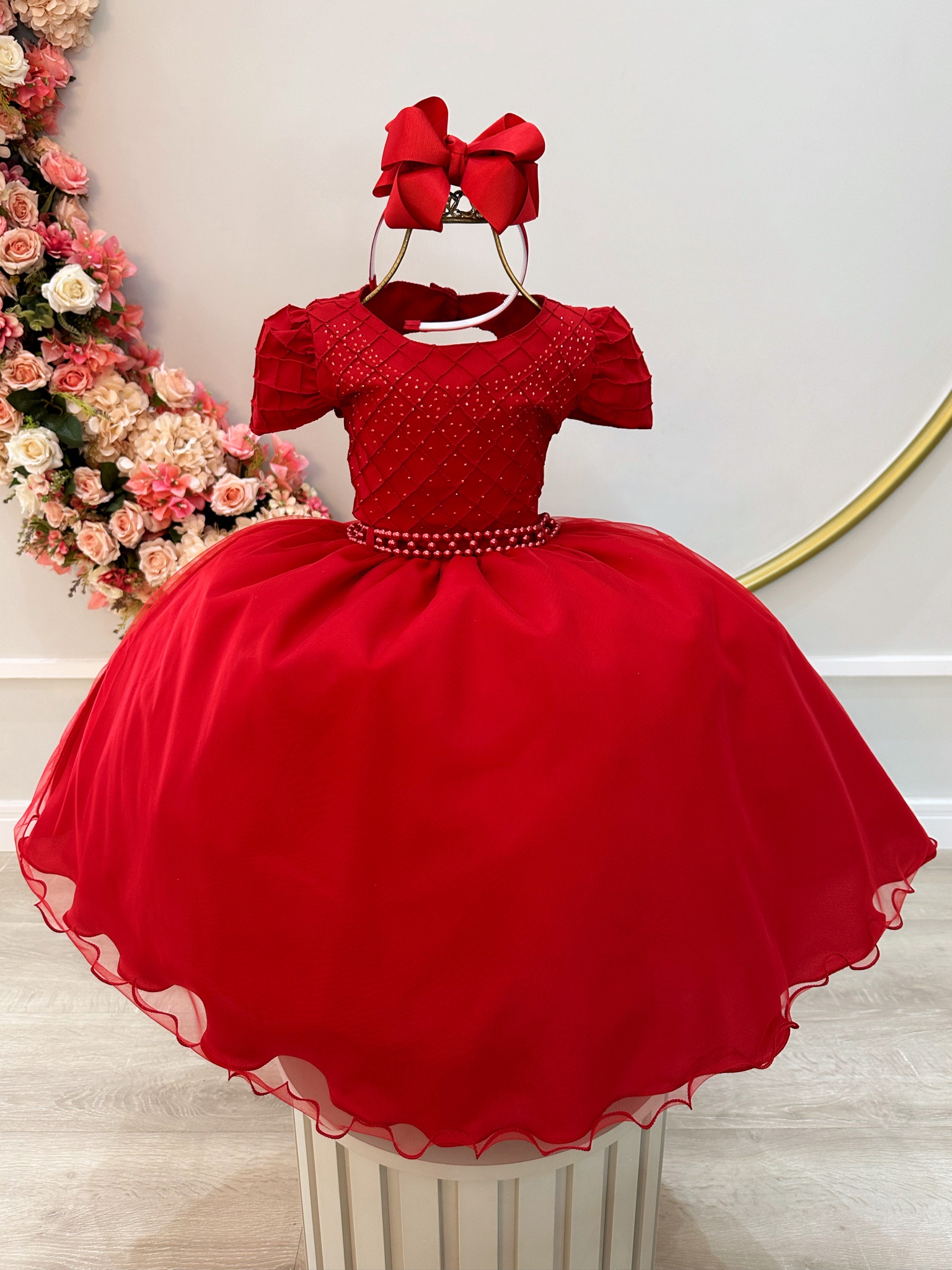 Vestido Infantil Vermelho Busto Nervura Strass Daminhas