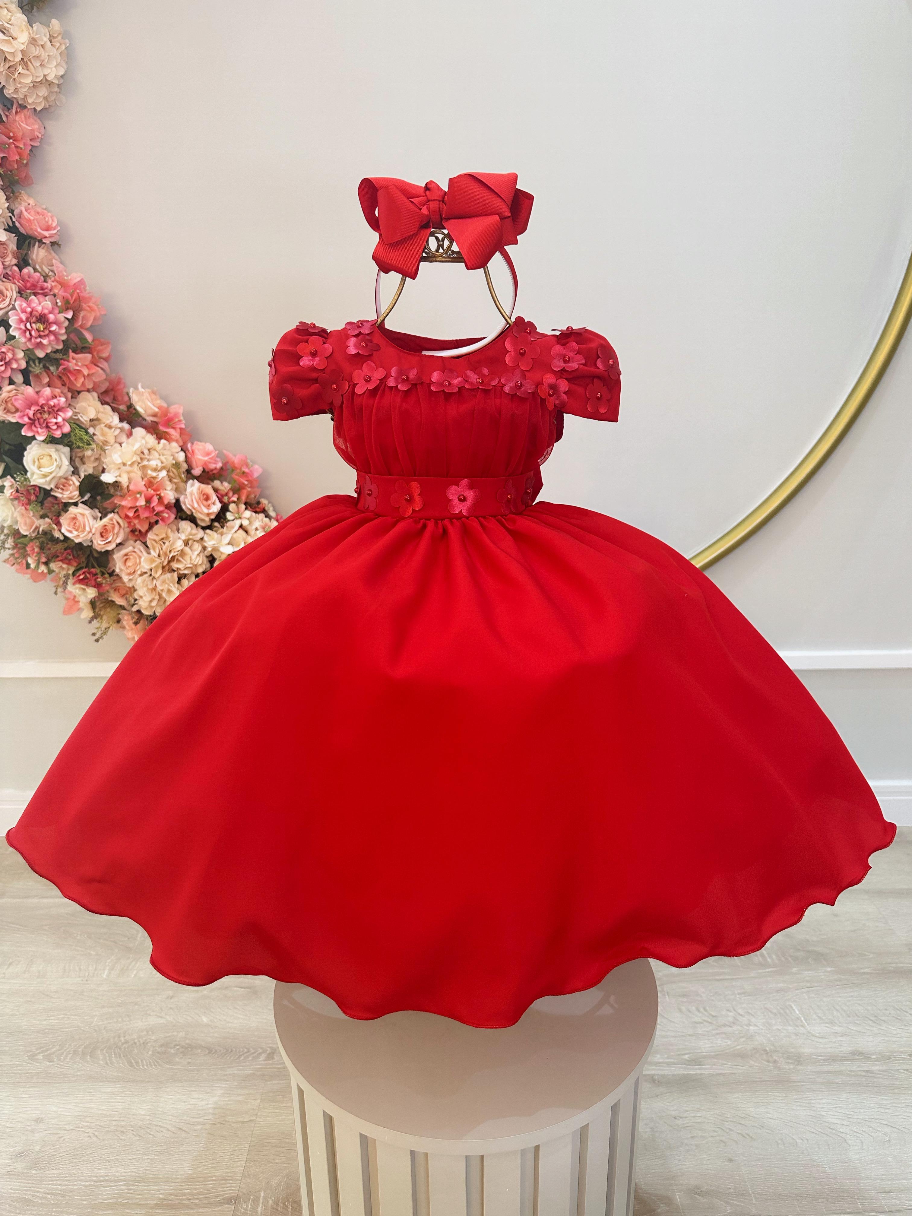 Vestido Infantil Vermelho C/ Busto Tule e Aplique de Flores