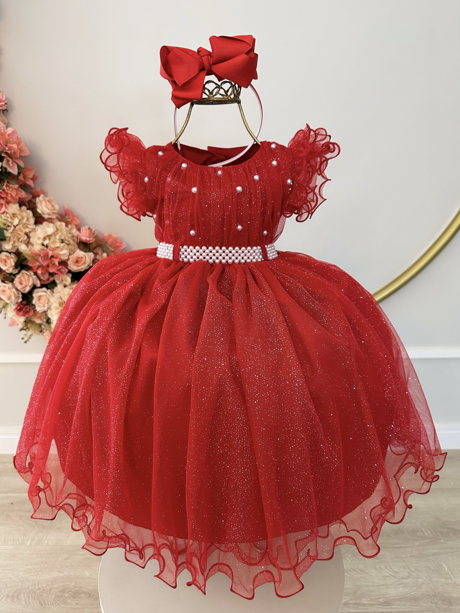 Vestido Infantil Vermelho C/Pérolas Glitter Daminhas Festas