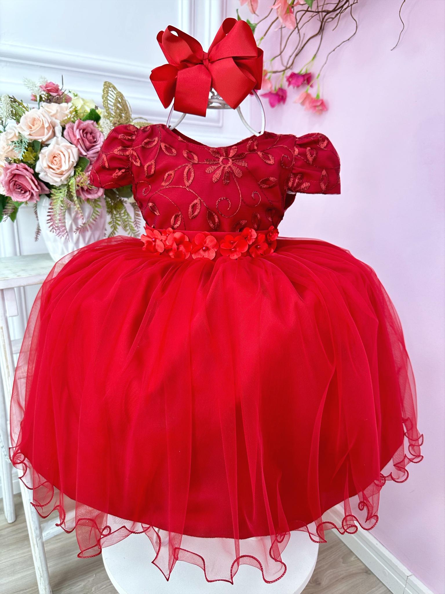 Vestido Infantil Vermelho C/ Renda e Aplique de Flores Festa