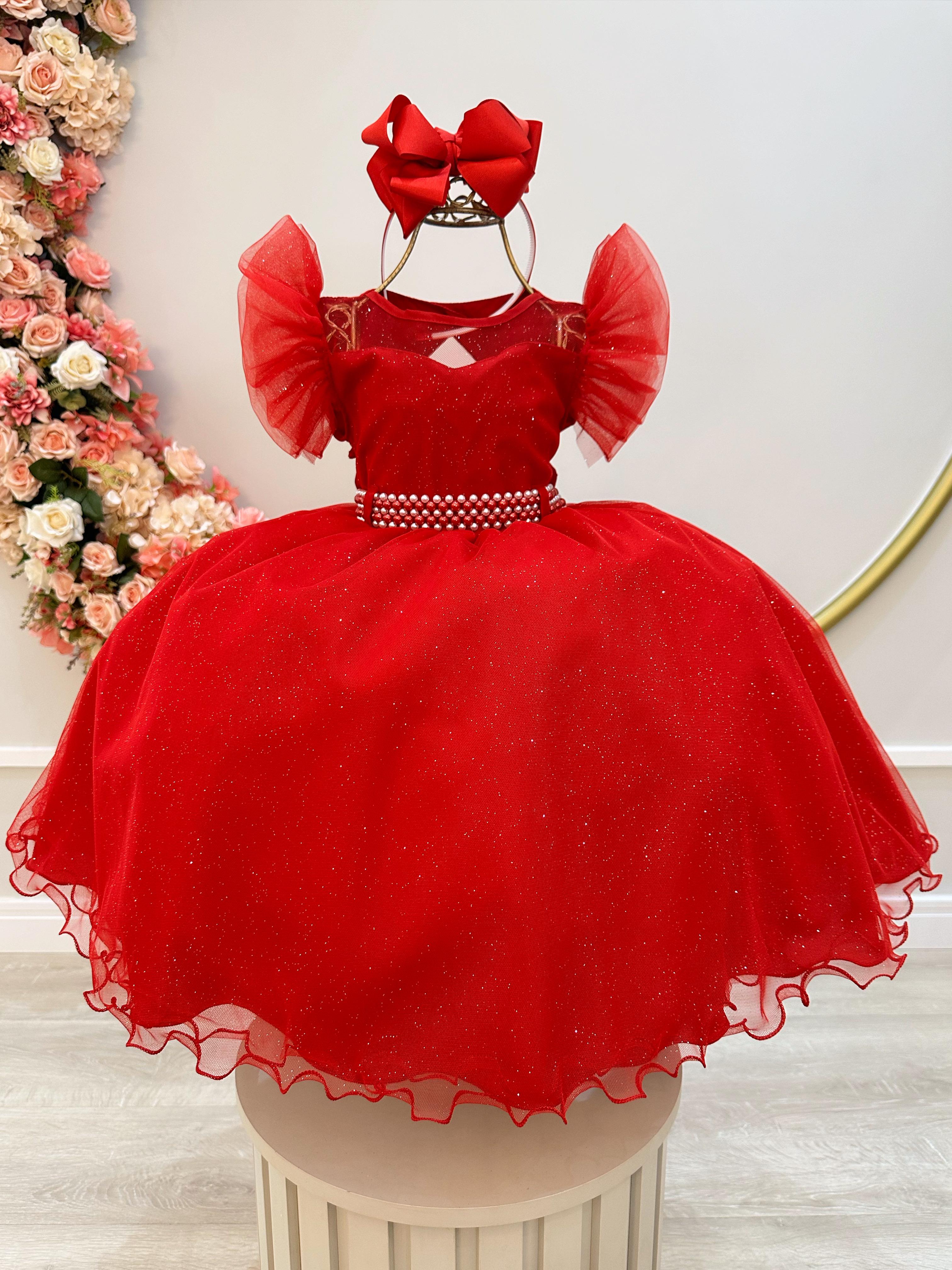 Vestido Infantil Vermelho Com Cinto de Pérolas Daminhas