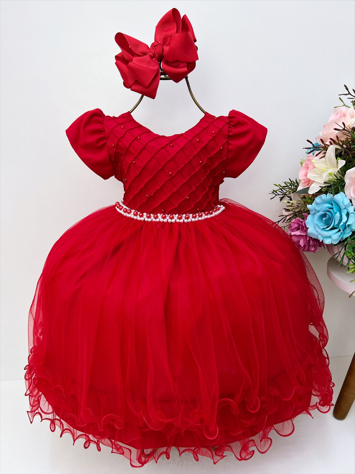 Vestido Infantil Vermelho Com Busto Plissado e Pérolas