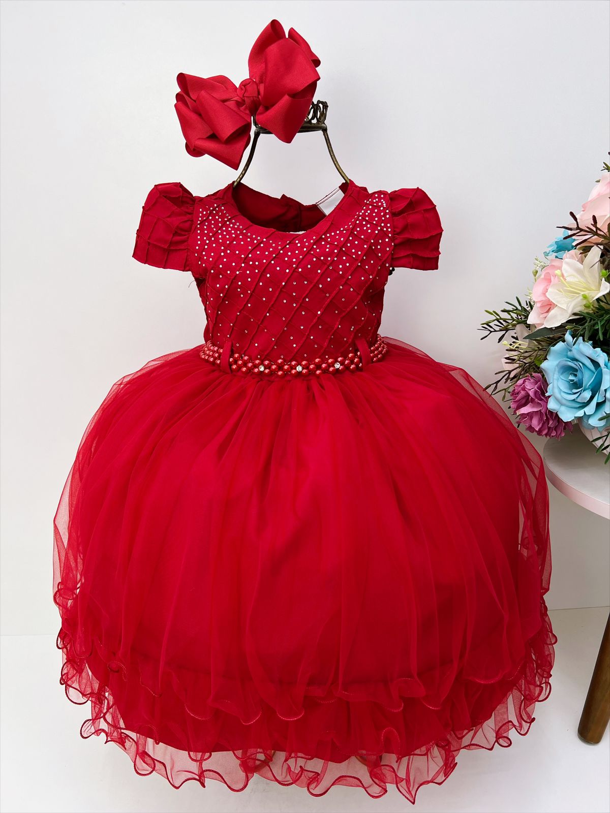 Vestido Infantil Vermelho Peito C/ Nervura Strass Pérolas