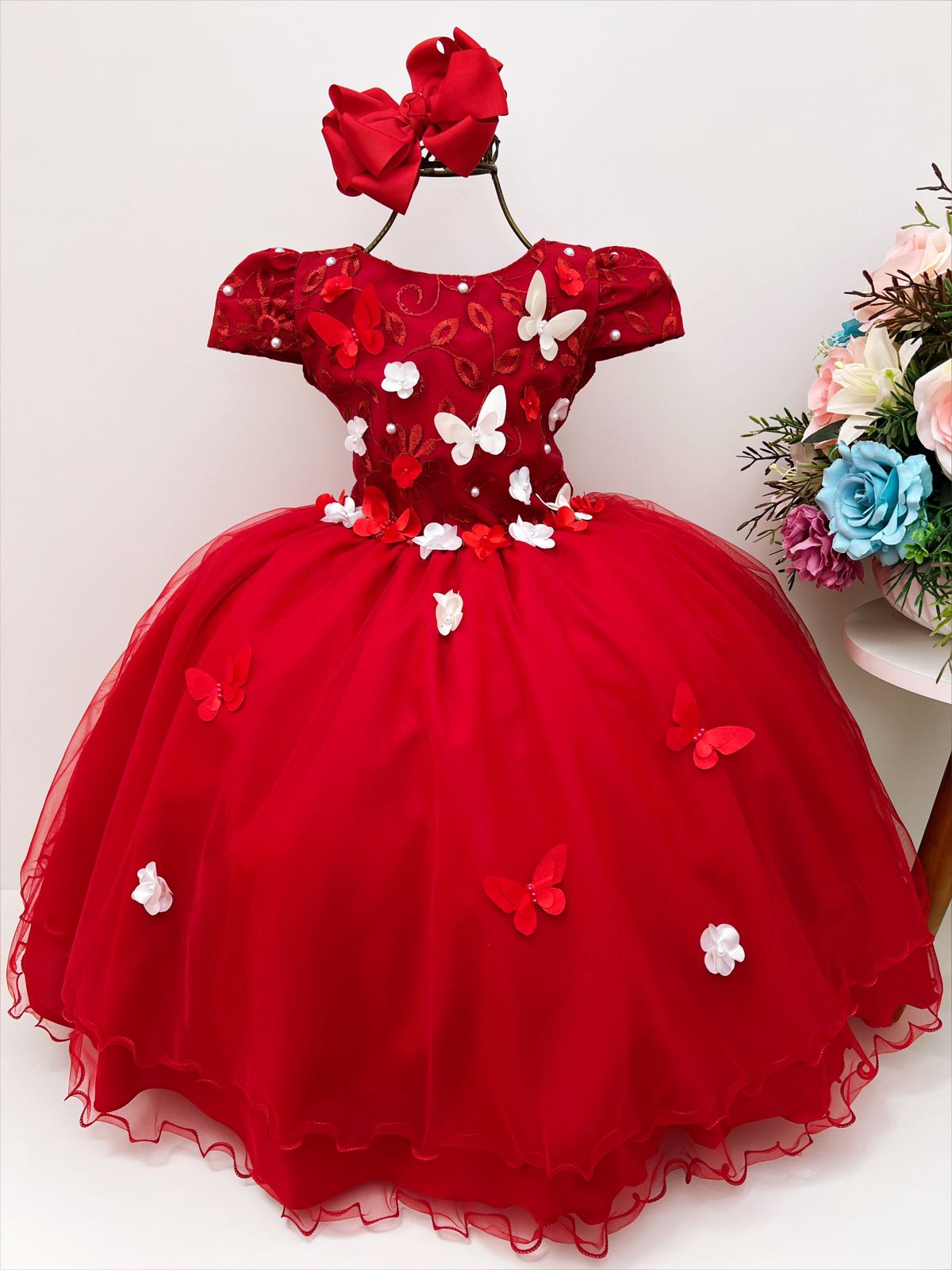 Vestido Infantil Vermelho Renda Aplique Flores Borboletas