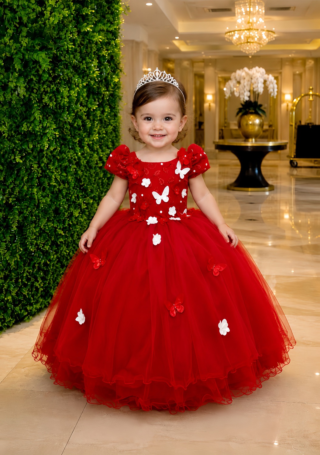 Vestido Infantil Vermelho Renda Aplique Flores Borboletas