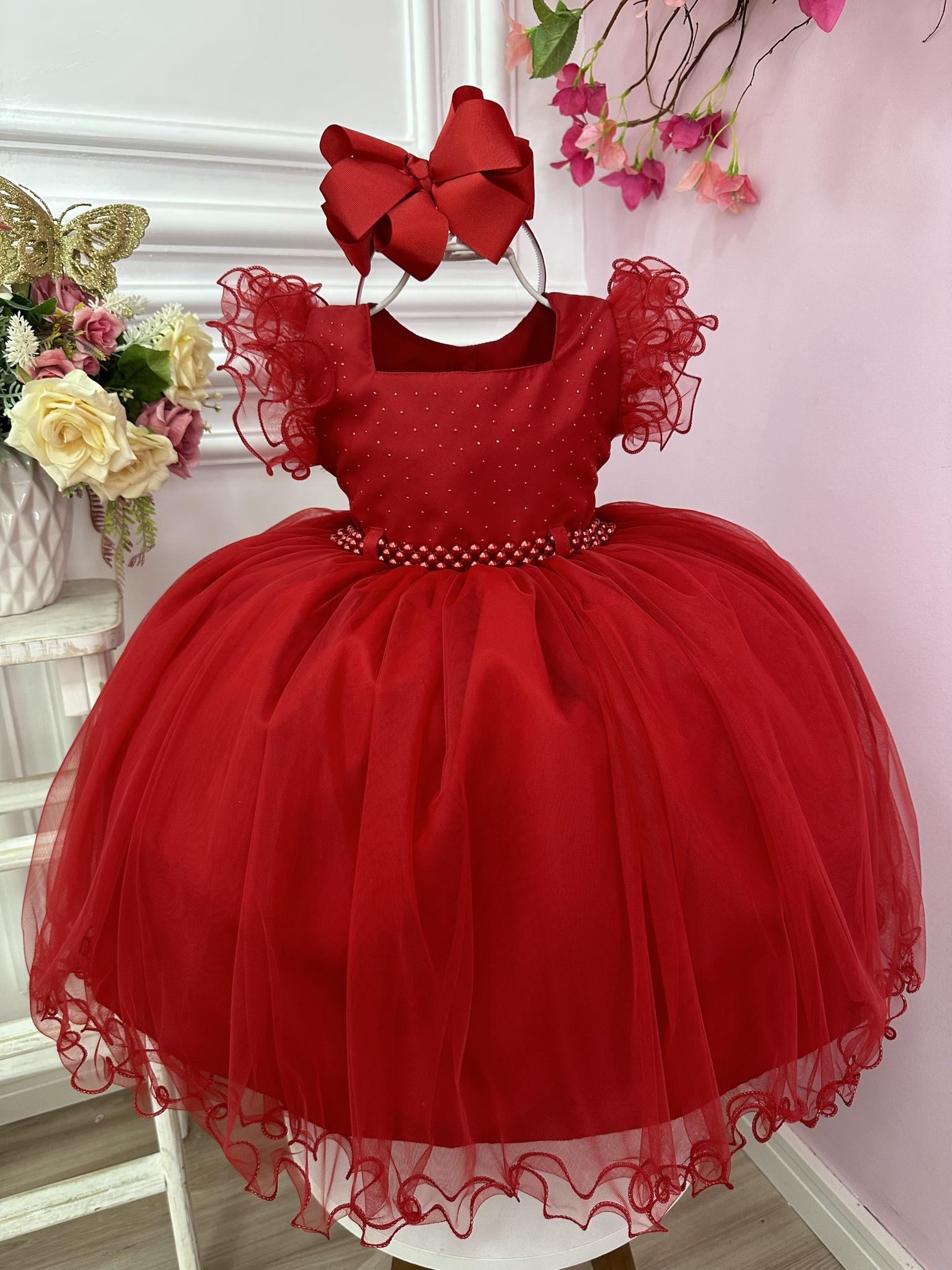 Vestido Infantil Vermelho Strass no Busto e Cinto de Pérolas