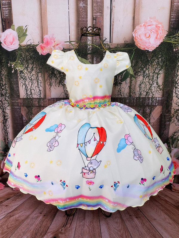 Vestido Infantil Arco Iris Amarelo Balão Elefante Pérolas