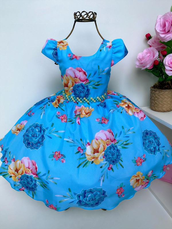 Vestido Infantil Azul Jardim Floral Luxo Cinto Pérolas