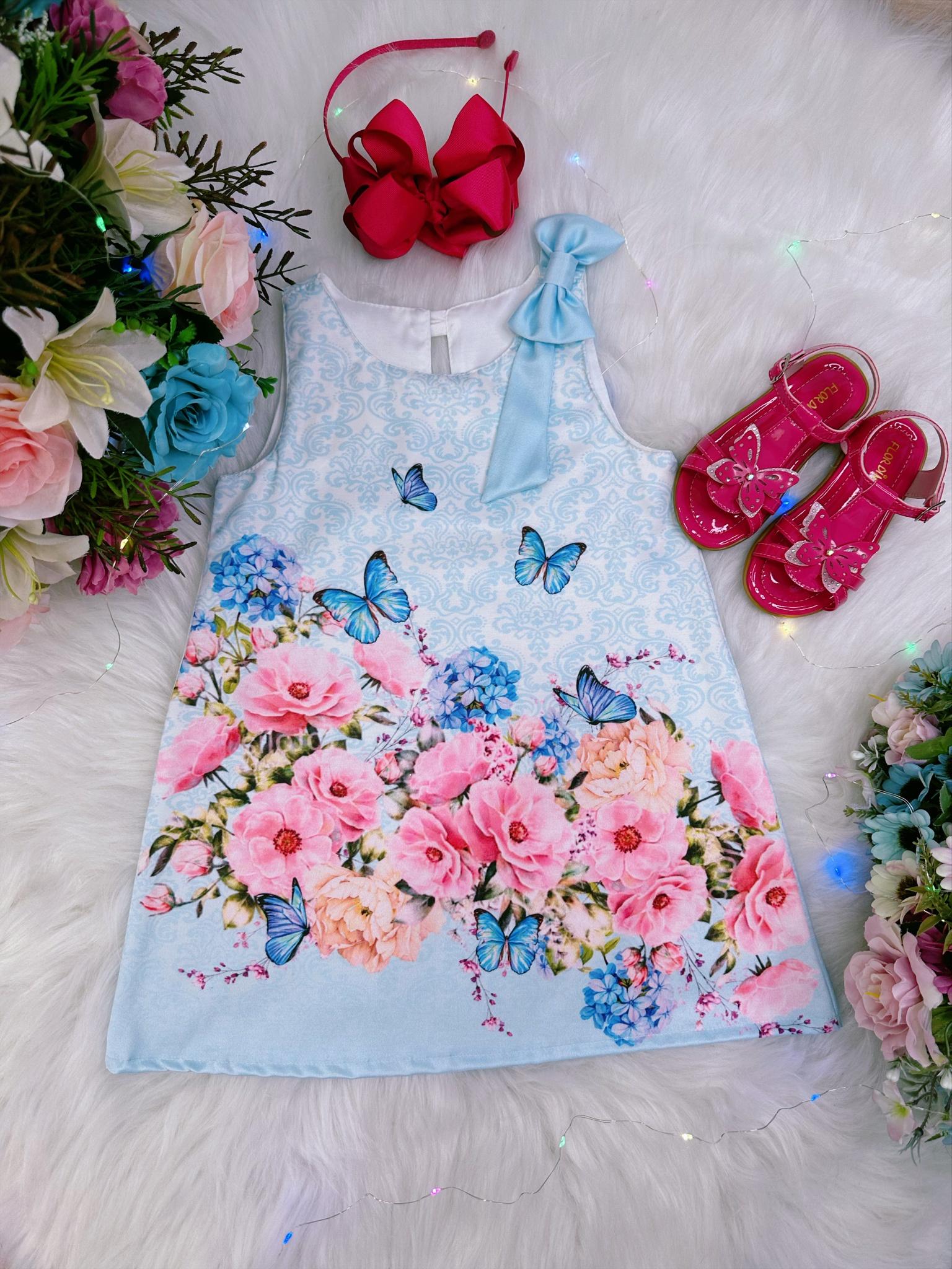 Vestido Infantil Branco Com Borboletas Rosas Pink - Trapézio