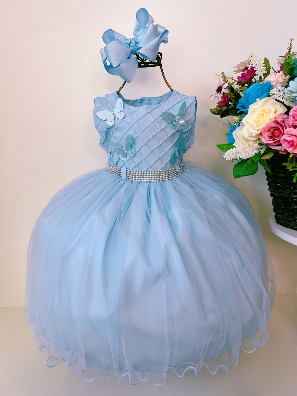 Vestido Infantil Azul Bebê Aplique Borboletas e Strass Luxo