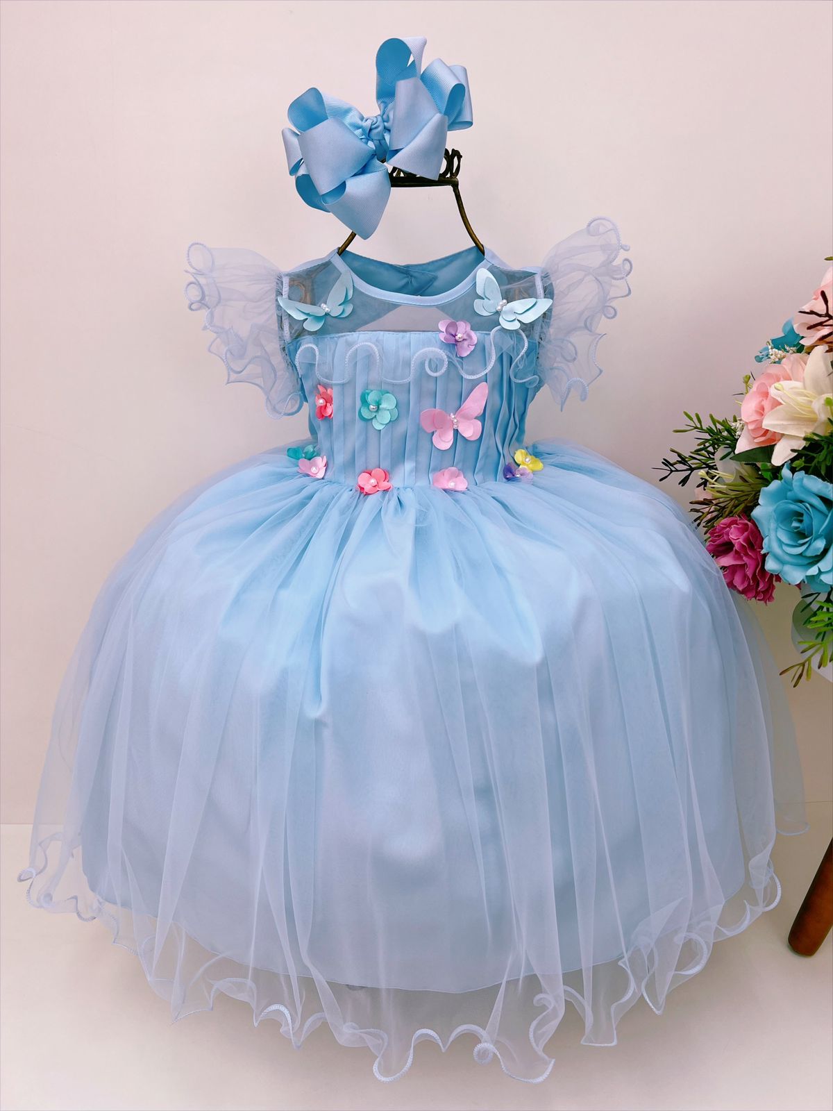 Vestido Infantil Azul C/ Apliques de Flores Borboletas Luxo