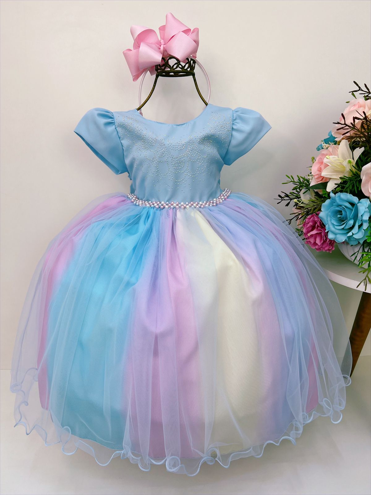 Vestido Infantil Azul Unicórnio Cinto Pérolas e Strass Luxo