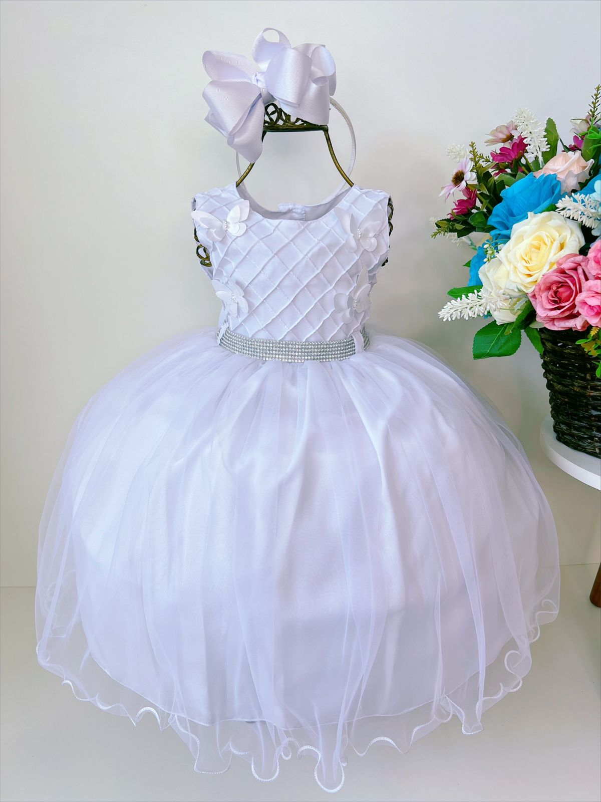 Vestido Infantil Branco C/ Aplique Borboletas e Strass Luxo
