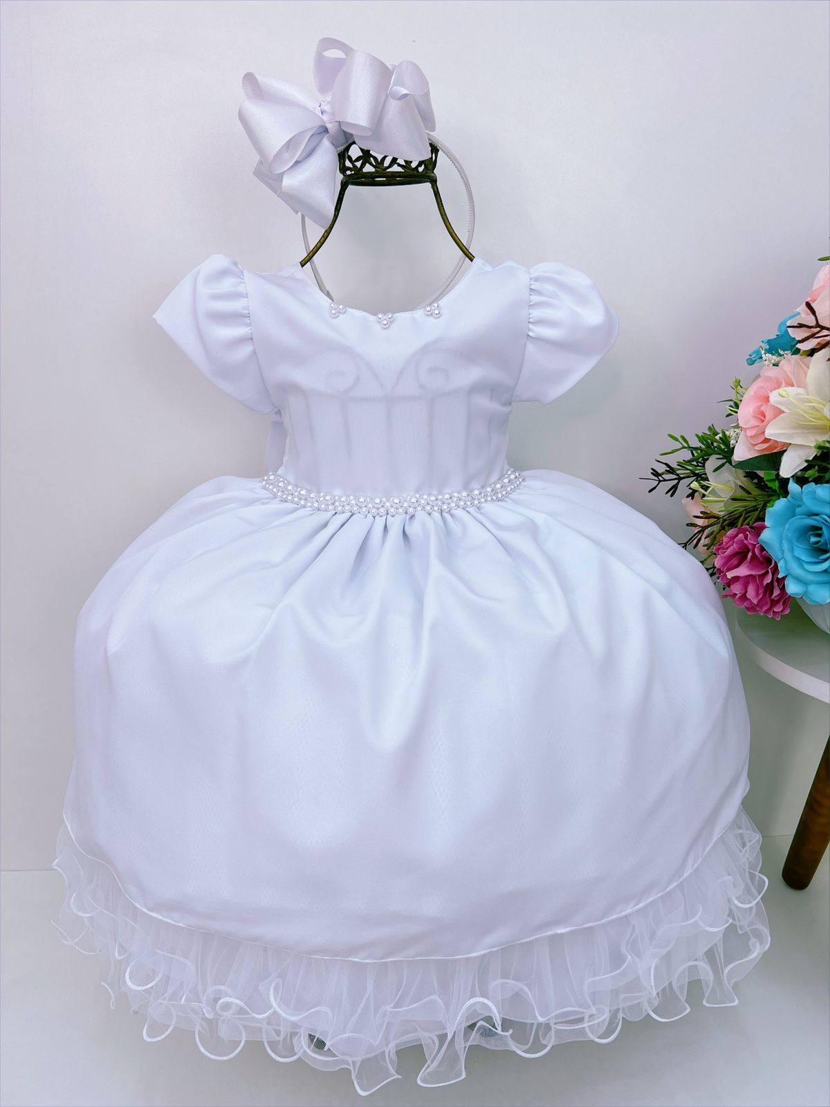 Vestido Infantil Branco Com Cinto de Pérolas Luxo