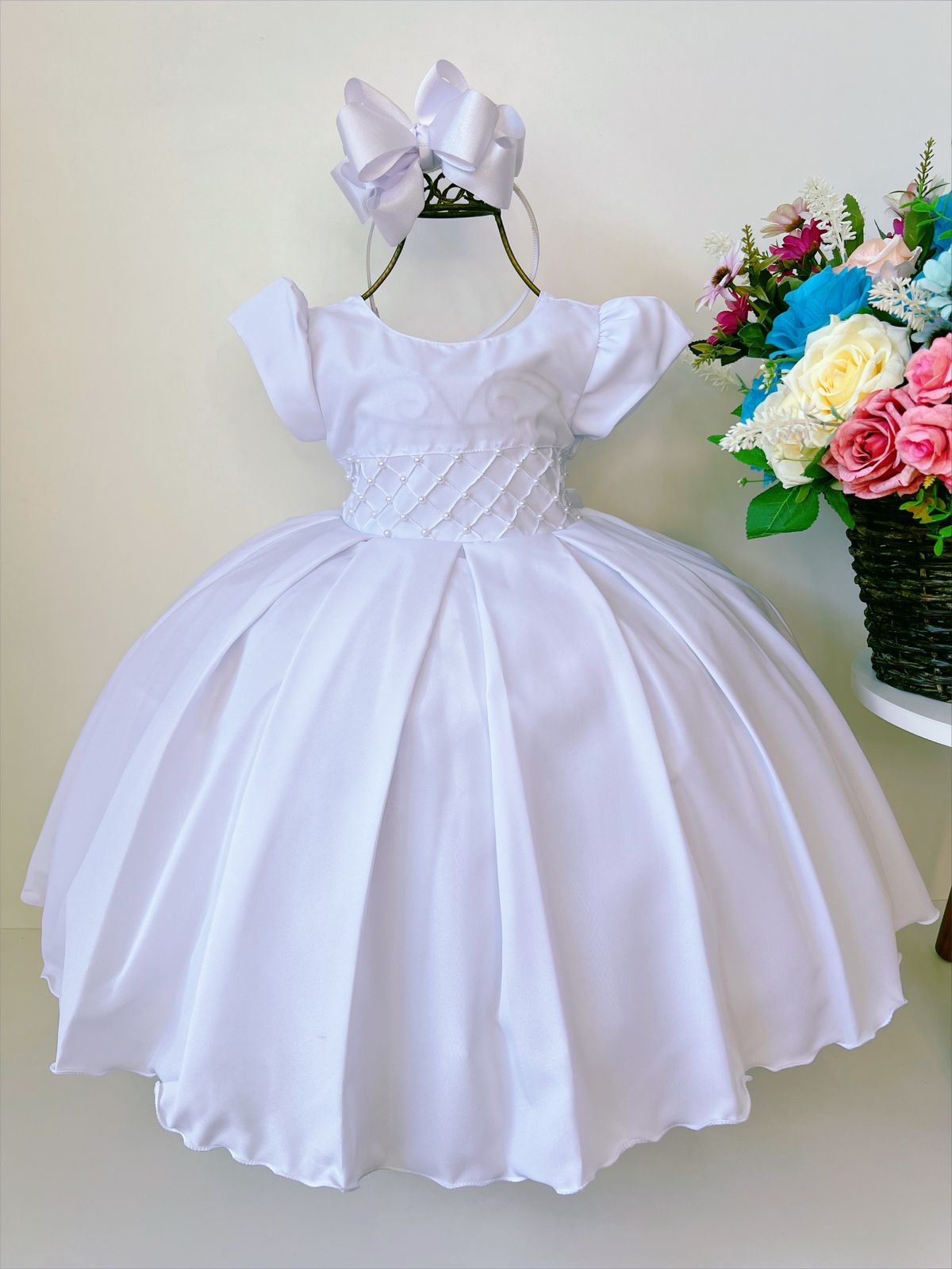 Vestido Infantil Branco C/ Pérolas Princesas Luxo