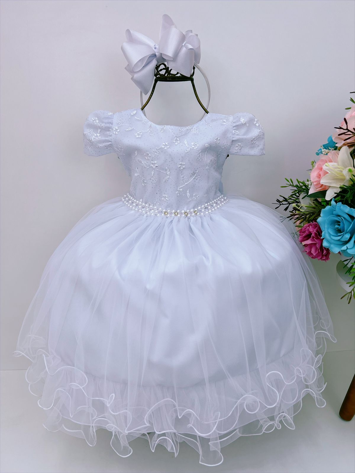 Vestido Infantil Branco C/ Renda Cinto Pérolas Strass Luxo