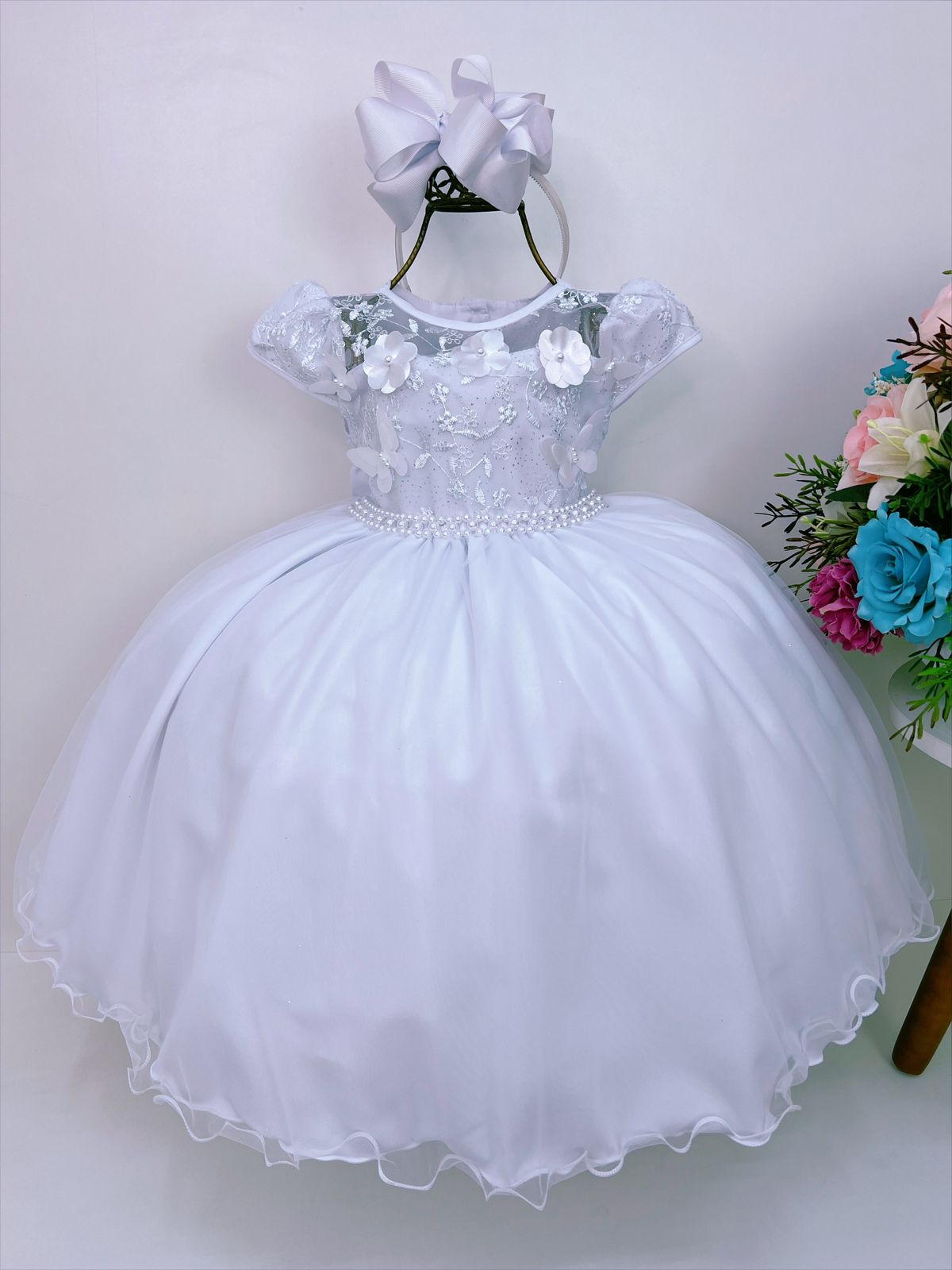 Vestido Infantil Branco C/ Renda e Apliques Cinto Pérolas