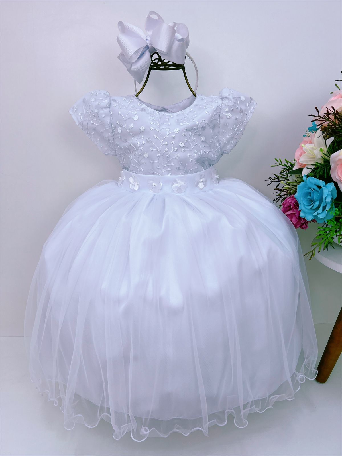 Vestido Infantil Branco Com Renda e Pérolas Luxo
