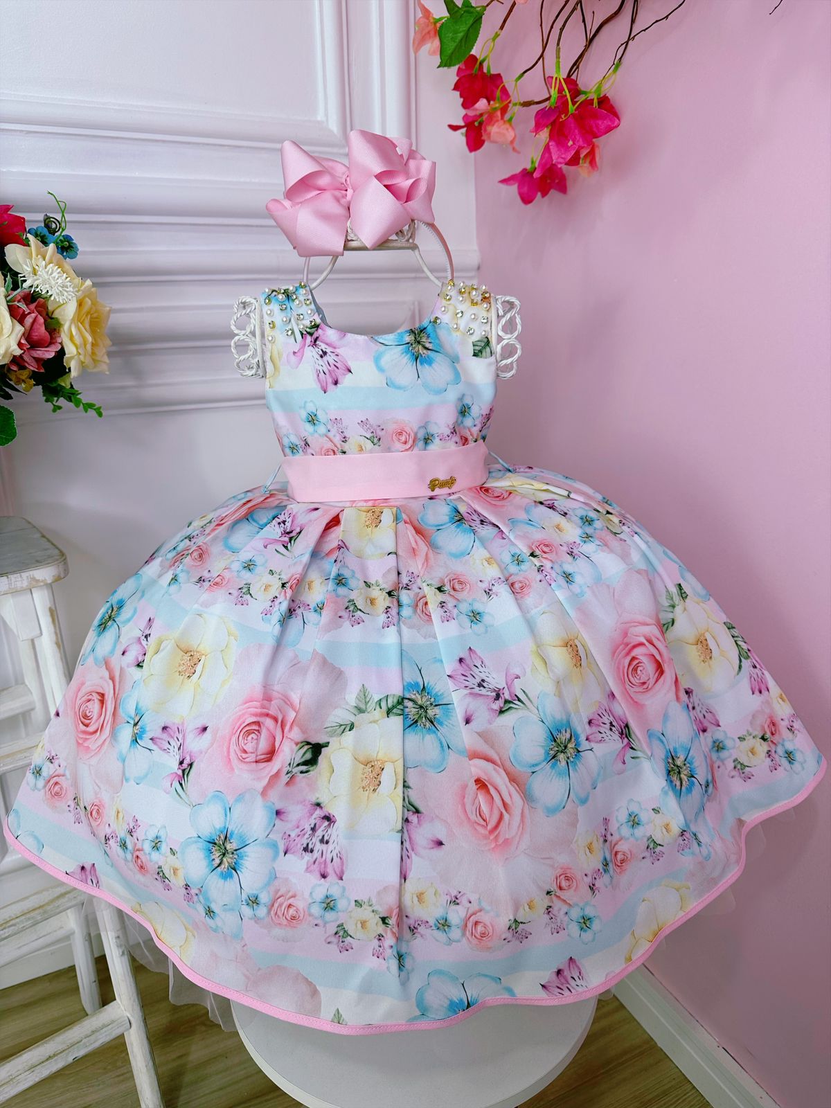 Vestido Infantil Floral Rosa Claro Pérolas e Strass Luxo