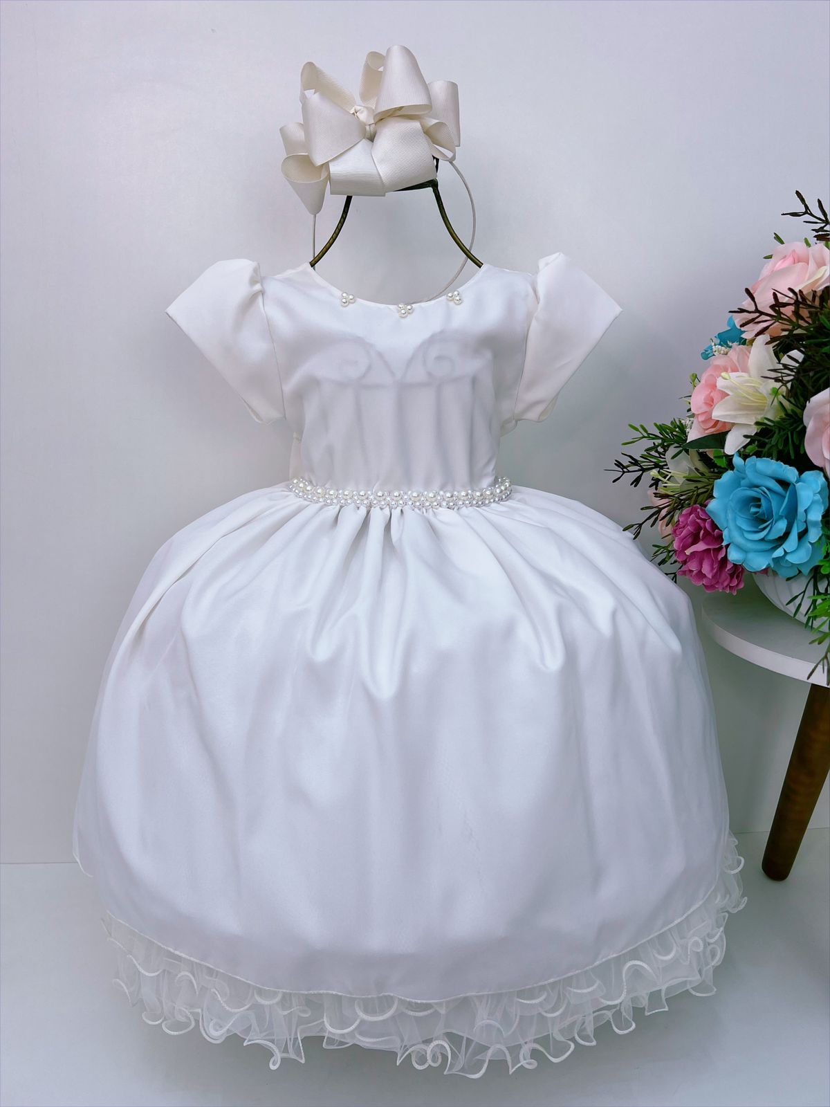 Vestido Infantil Marfim Com Cinto de Pérolas Luxo