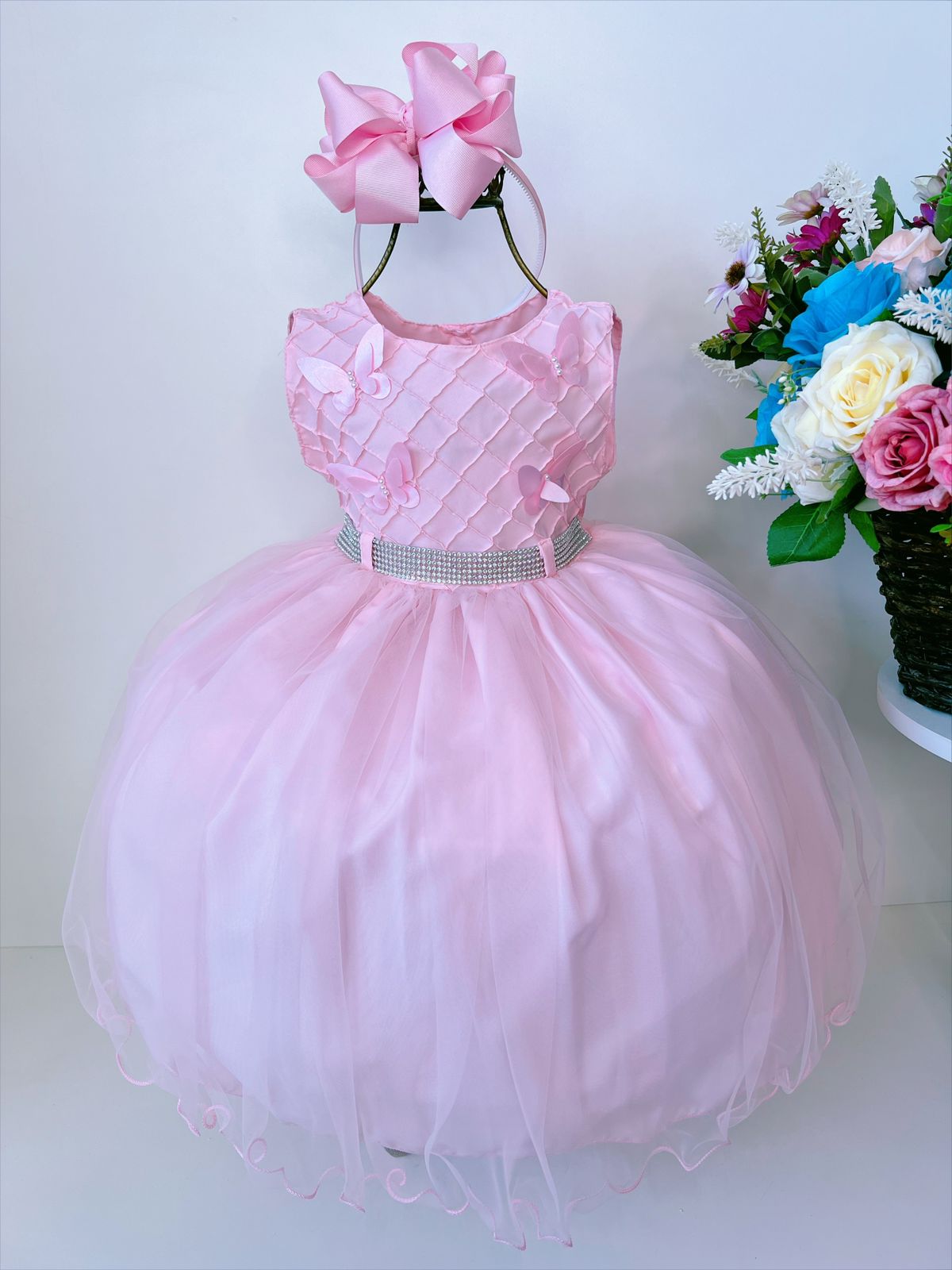 Vestido Infantil Rosa C/ Aplique Borboletas e Strass Luxo