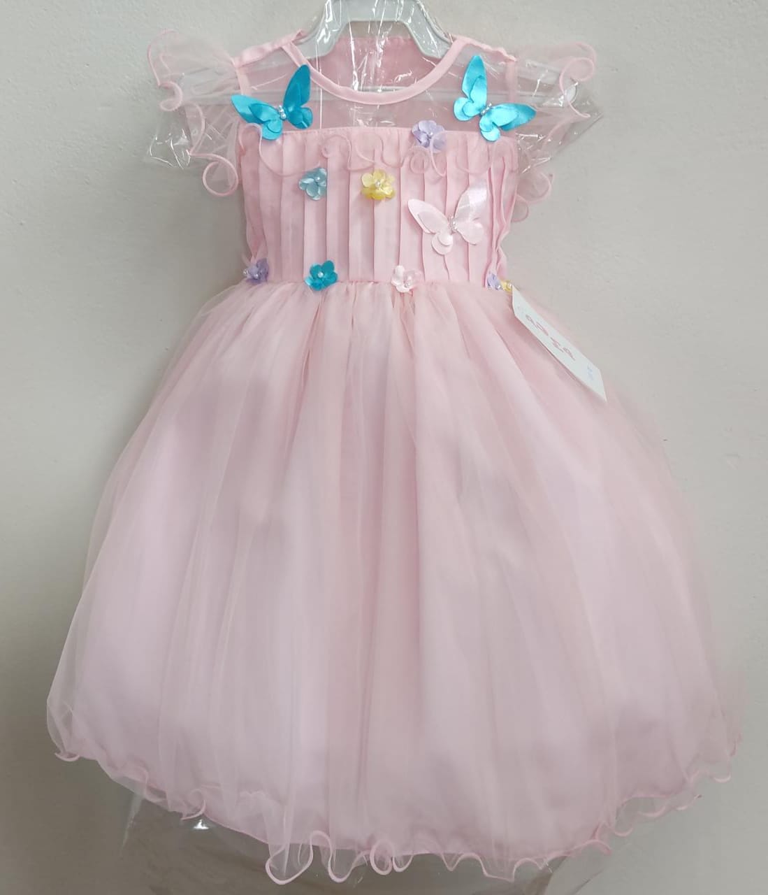 Vestido Infantil Rosa C/ Apliques de Flores Borboletas Luxo