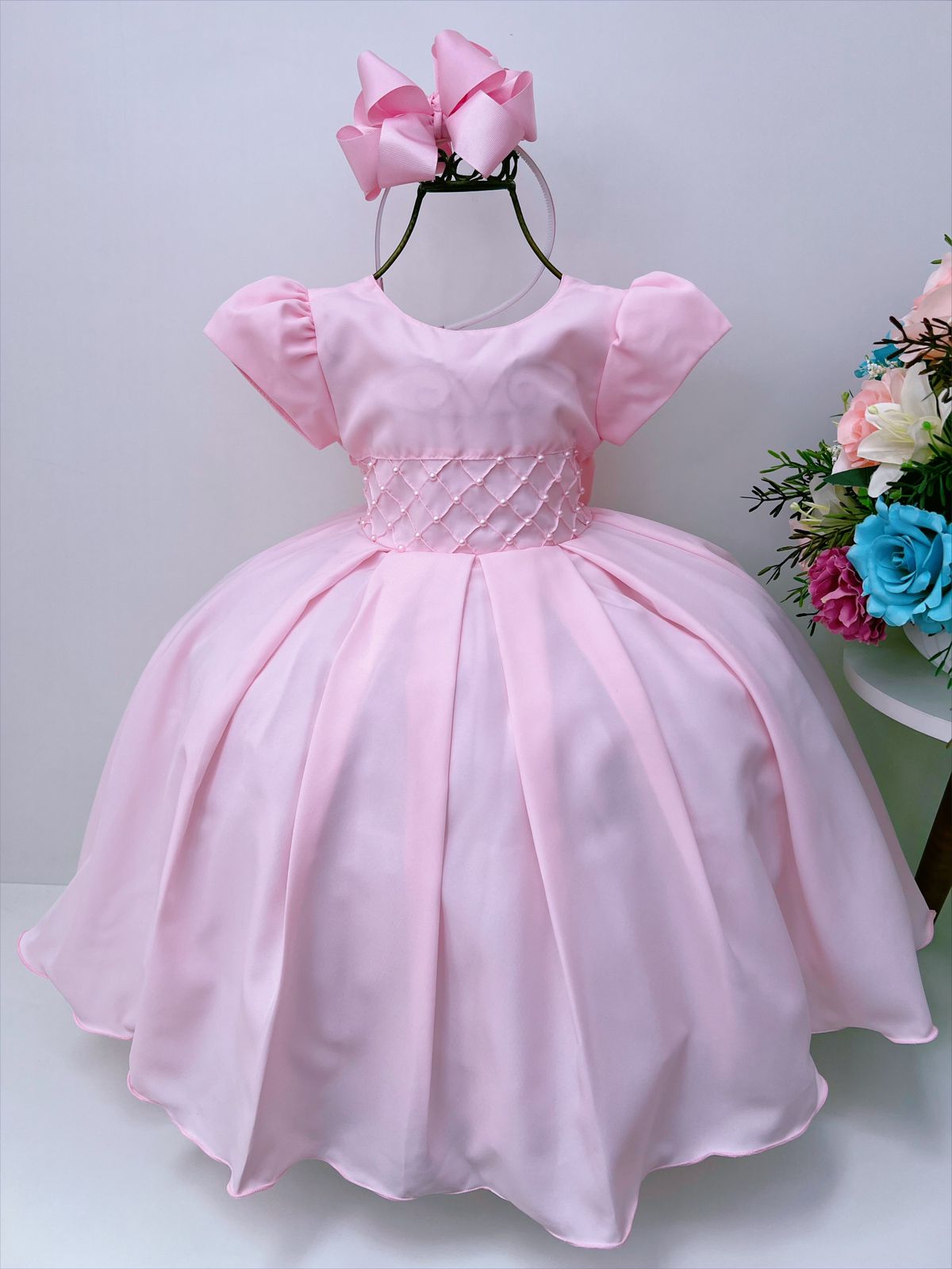 Vestido Infantil Rosa C/ Pérolas Princesas Luxo