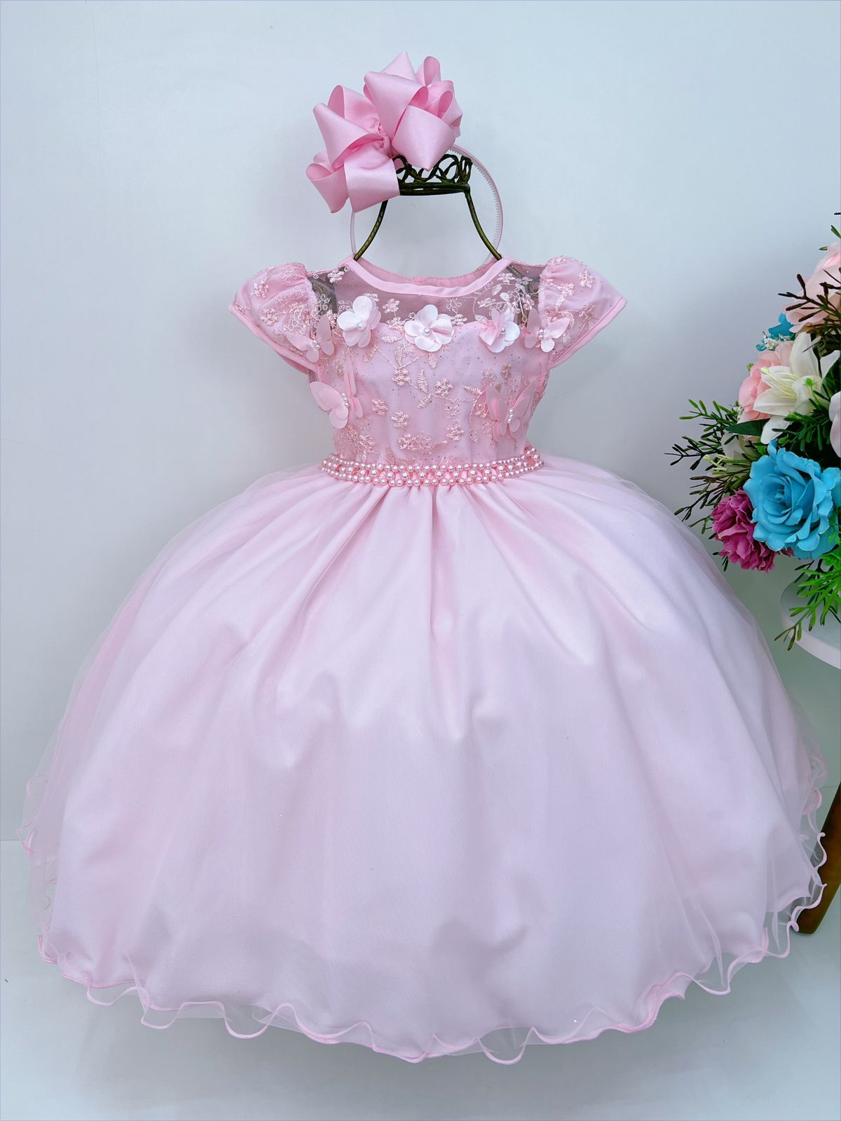 Vestido Infantil Rosa C/ Renda e Apliques Cinto Pérolas