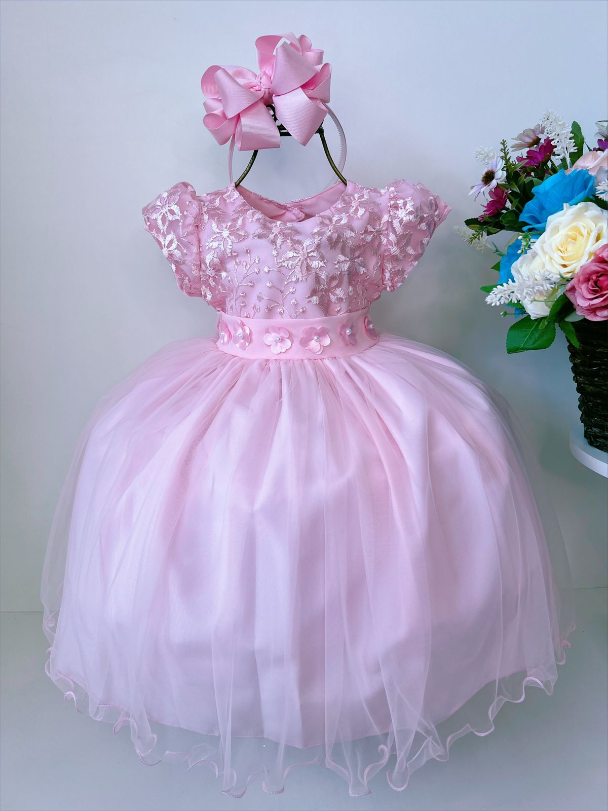 Vestido Infantil Rosa C/ Renda e Apliques Flores Princesas