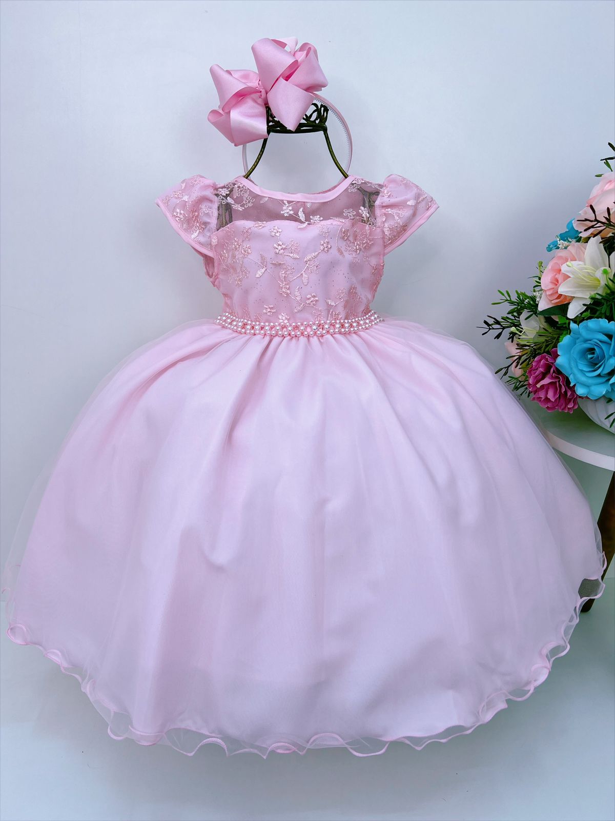 Vestido Infantil Rosa C/ Renda e Cinto de Pérolas Luxo