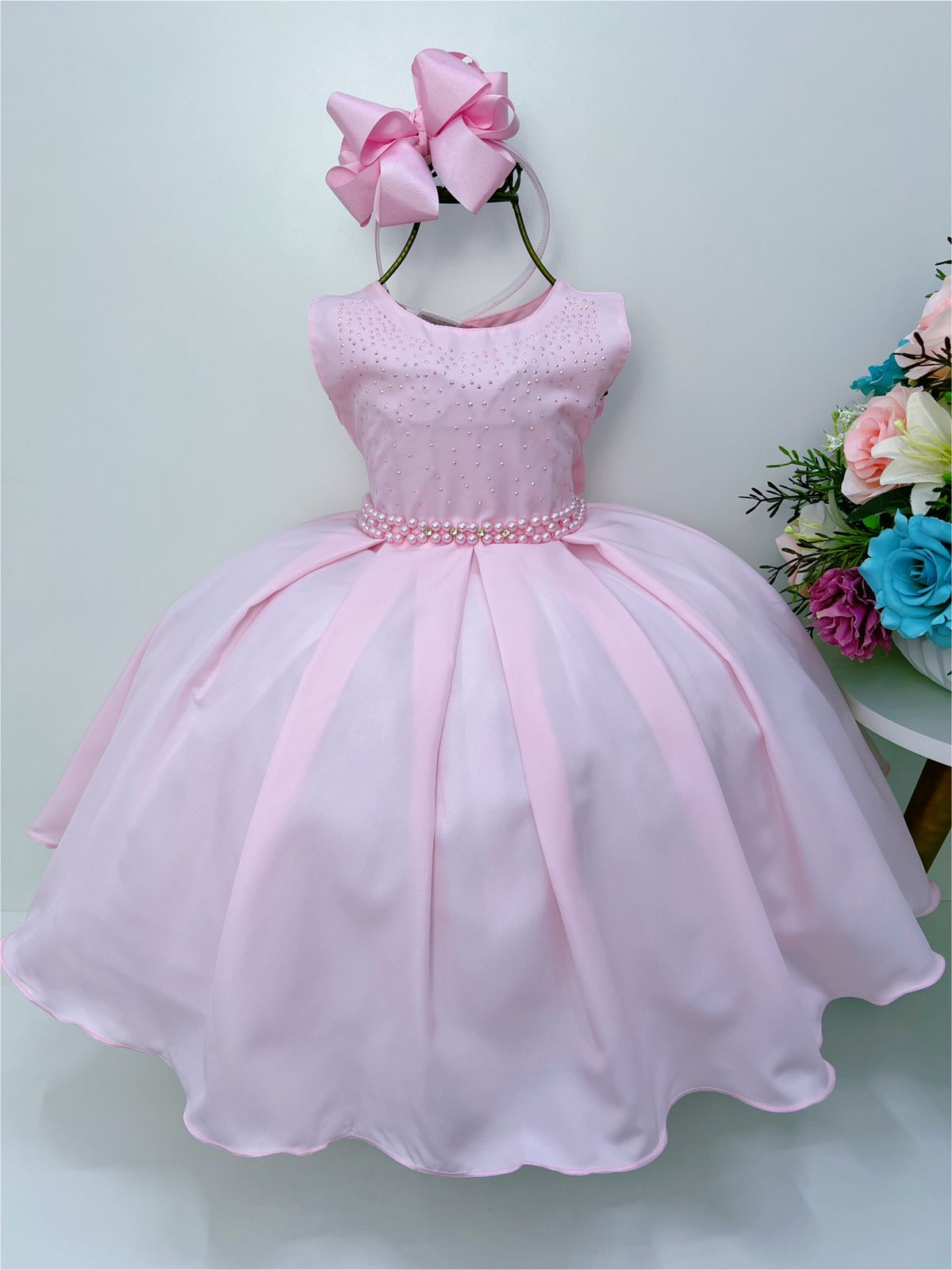 Vestido Infantil Rosa Cinto de Pérolas Peito Strass