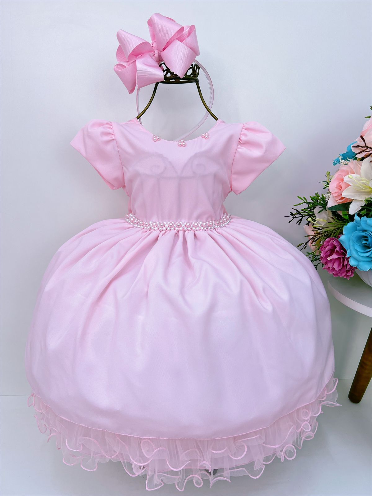 Vestido Infantil Rosa Com Cinto de Pérolas Luxo