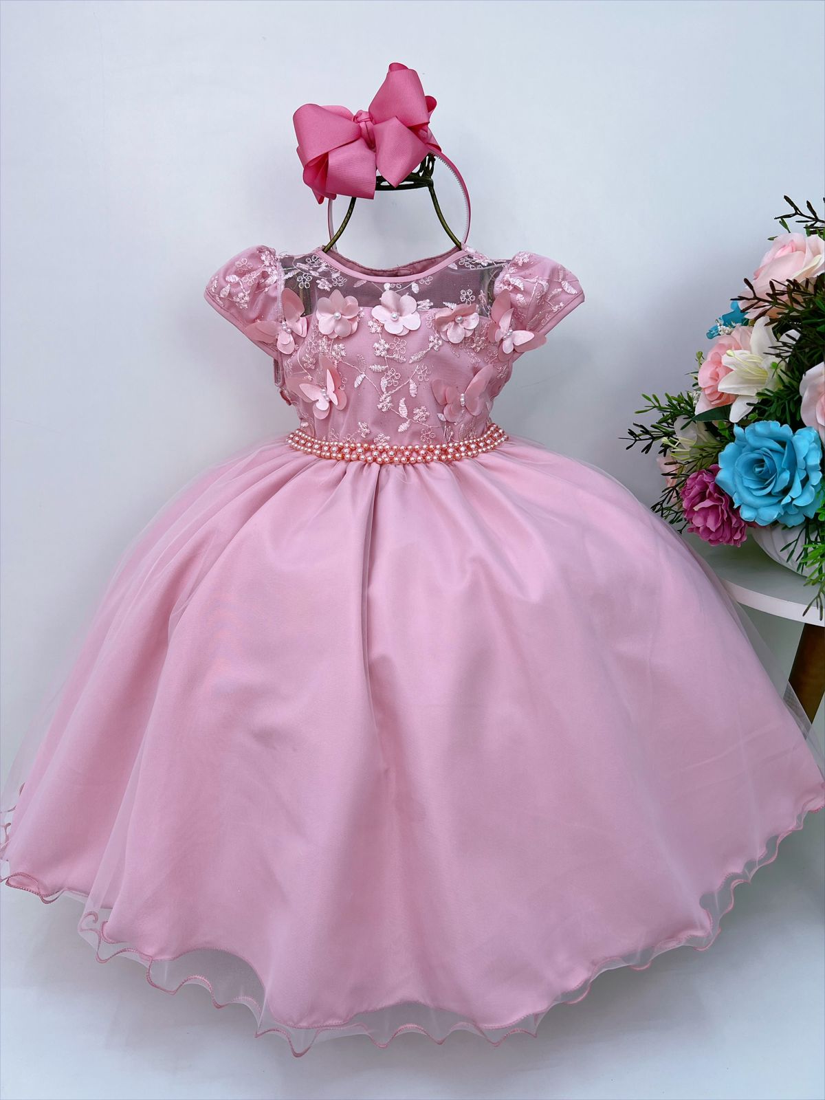 Vestido Infantil Rose C/ Renda e Apliques Cinto Pérolas