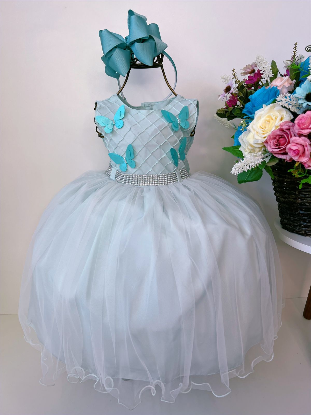 Vestido Infantil Verde C/ Aplique Borboletas e Strass Luxo