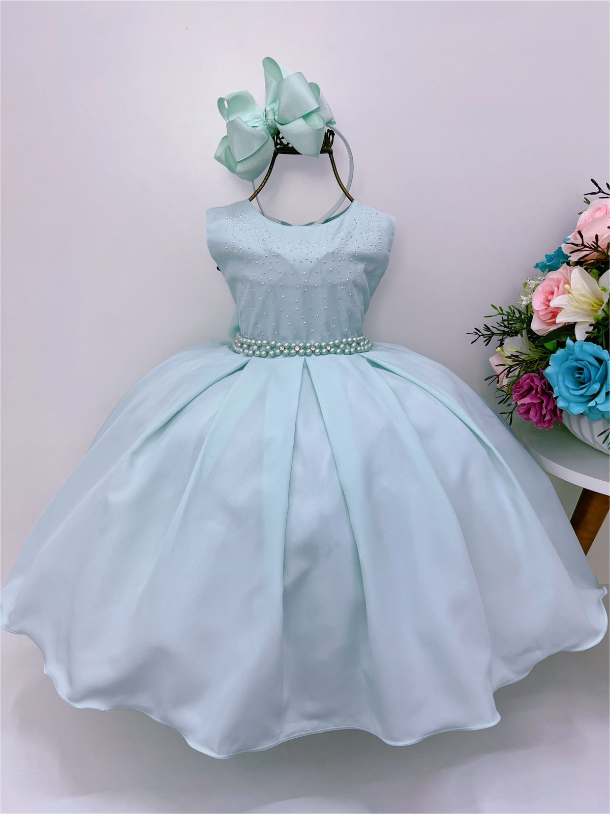 Vestido Infantil Verde Cinto de Pérolas Peito Strass