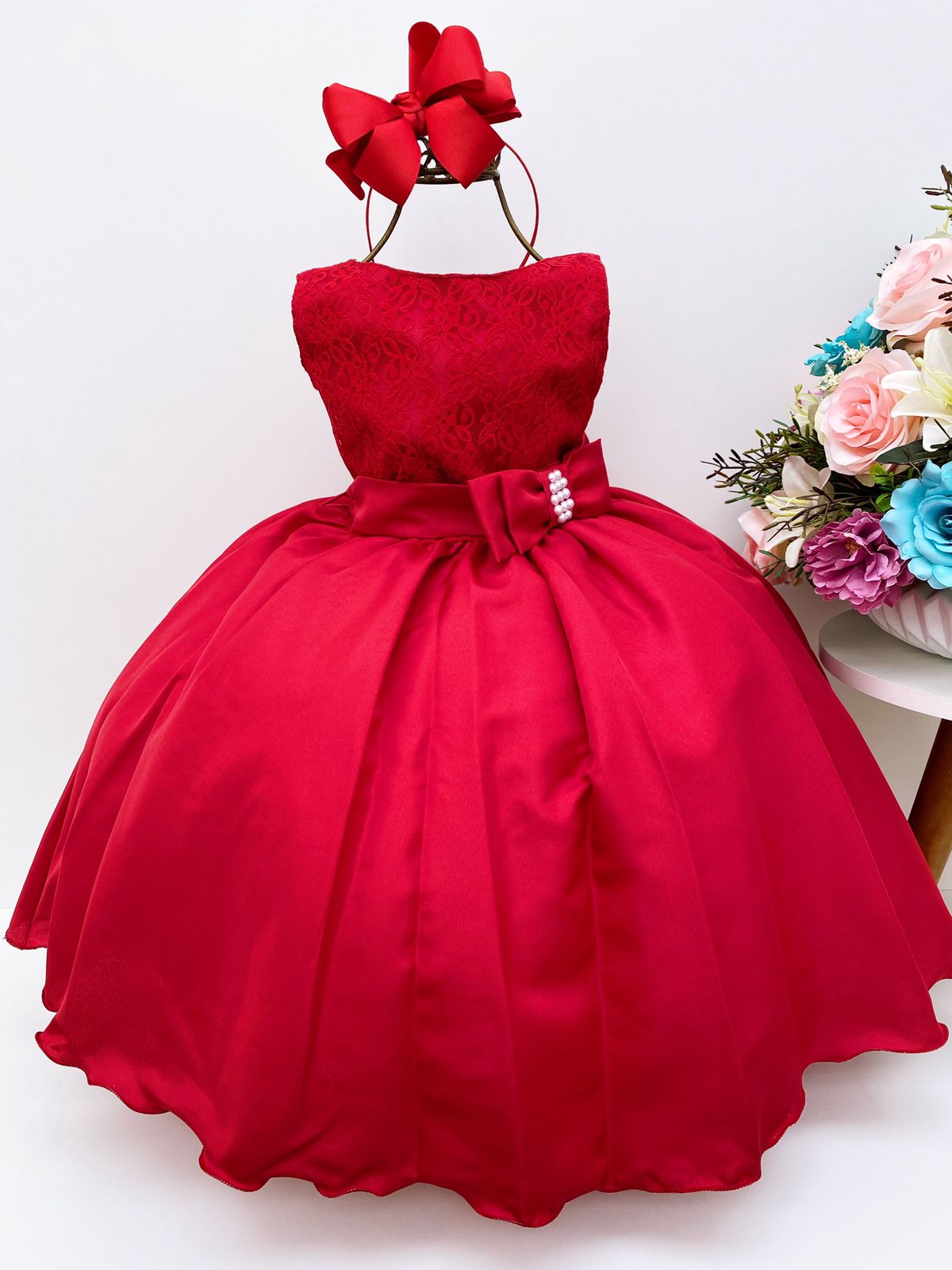 Vestido Infantil Vermelho Busto Rendado Laço e Pérola Luxo