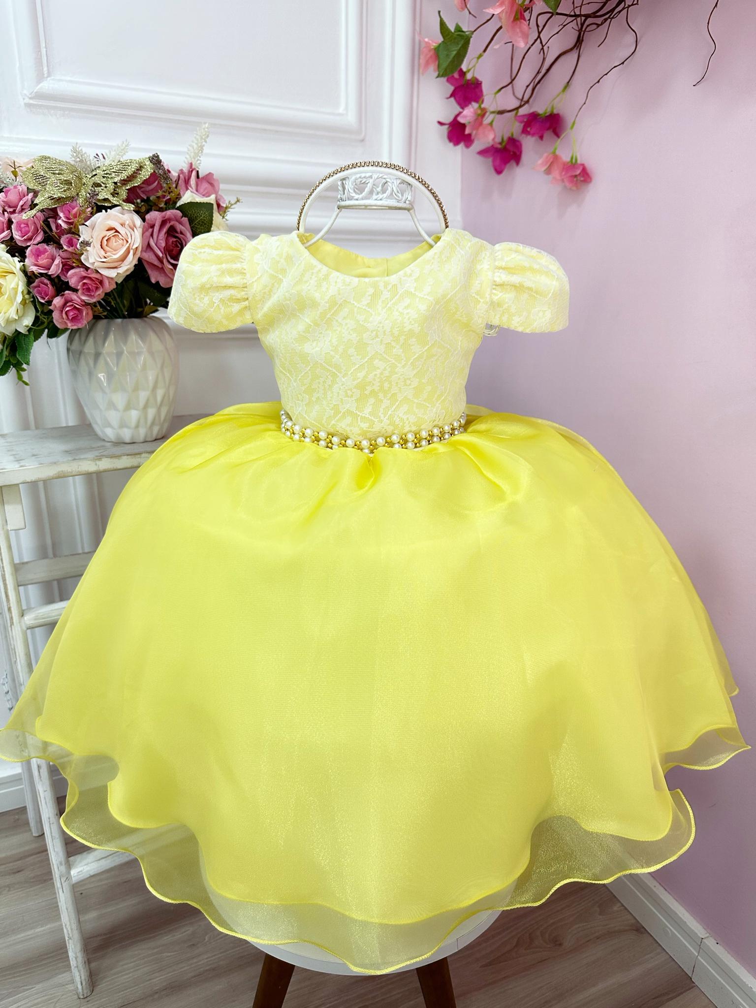 Vestido Infantil Amarelo C/ Renda Cinto Pérola e Tiara Festa