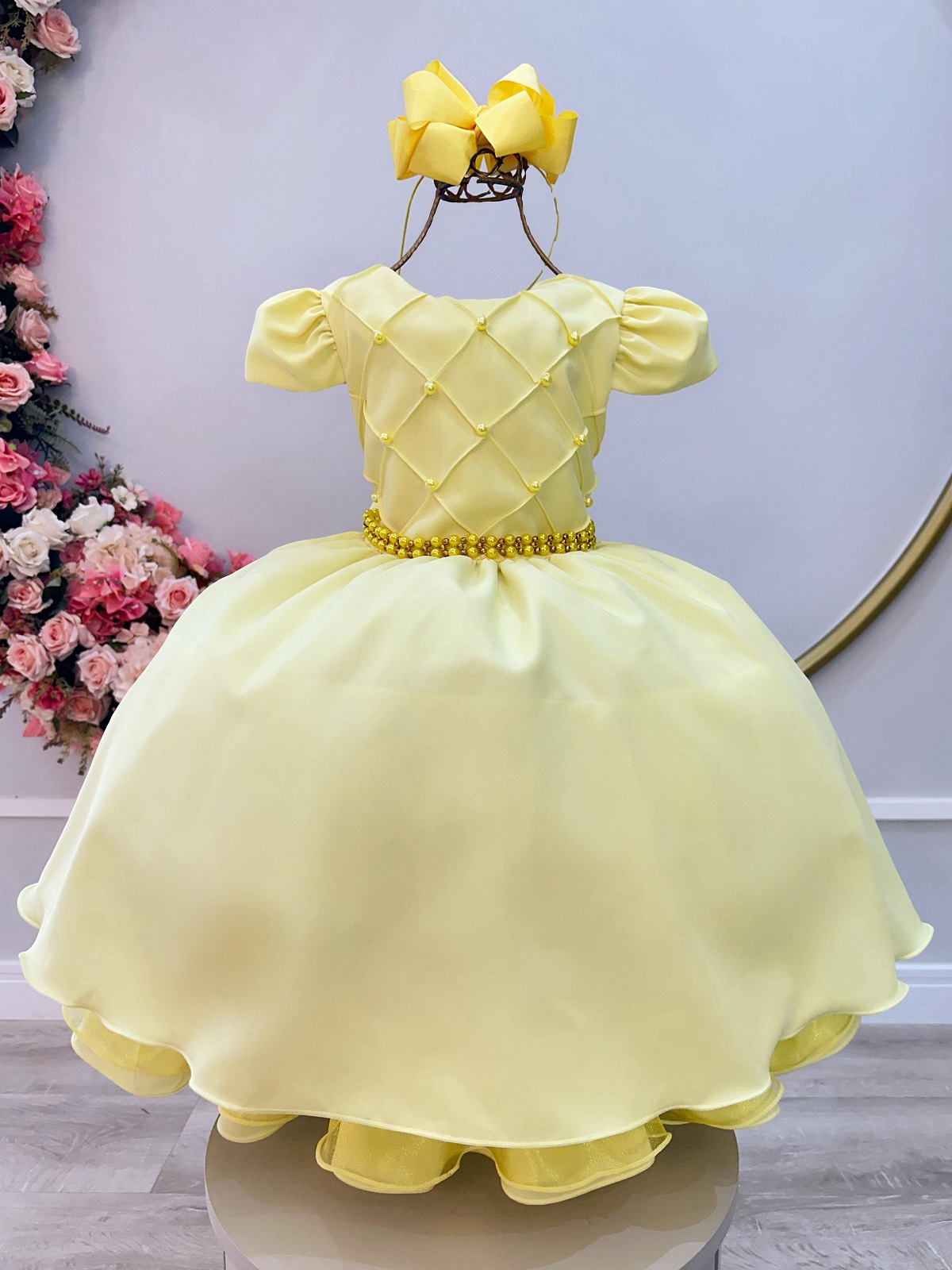 Vestido Infantil Amarelo Cinto de Pérolas Casamento Luxo